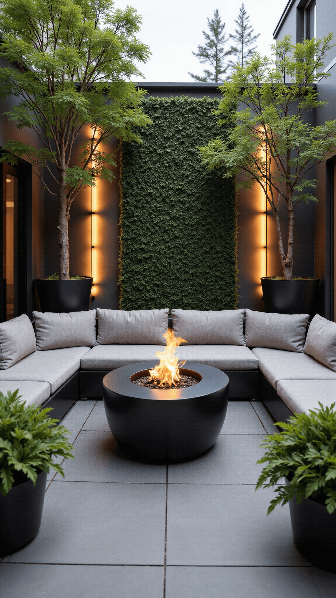 Elevated view of a 100sqm courtyard with modular seating around a fire table, vertical greenery on a living wall, specimen trees in large planters, and integrated lighting and audio systems in a warm, sophisticated setting.