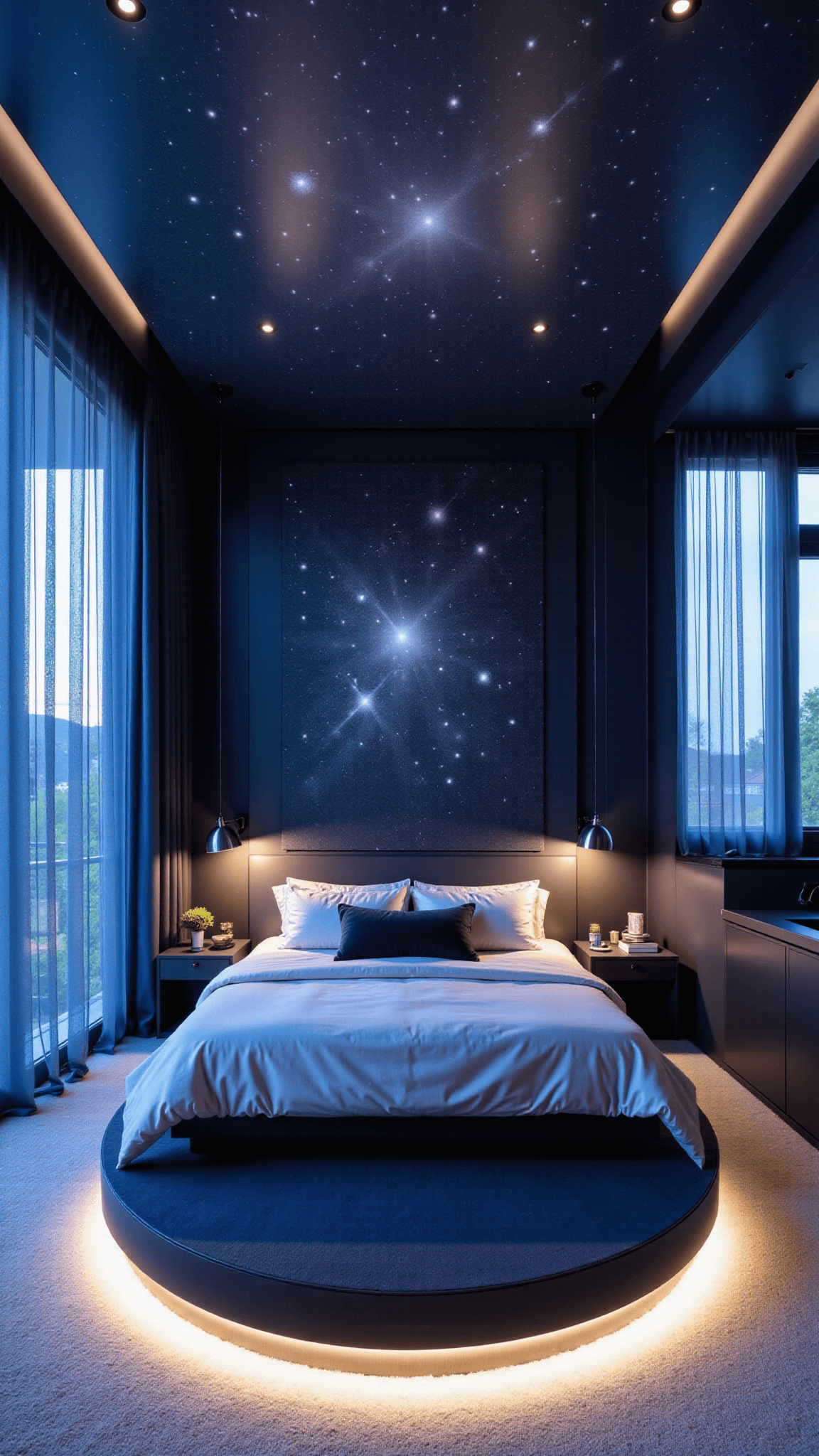 Luxurious master bedroom at dusk with a custom-built circular bed, deep indigo walls adorned with metallic silver celestial murals, intricate lighting design, and floor-to-ceiling windows with ombré curtains.