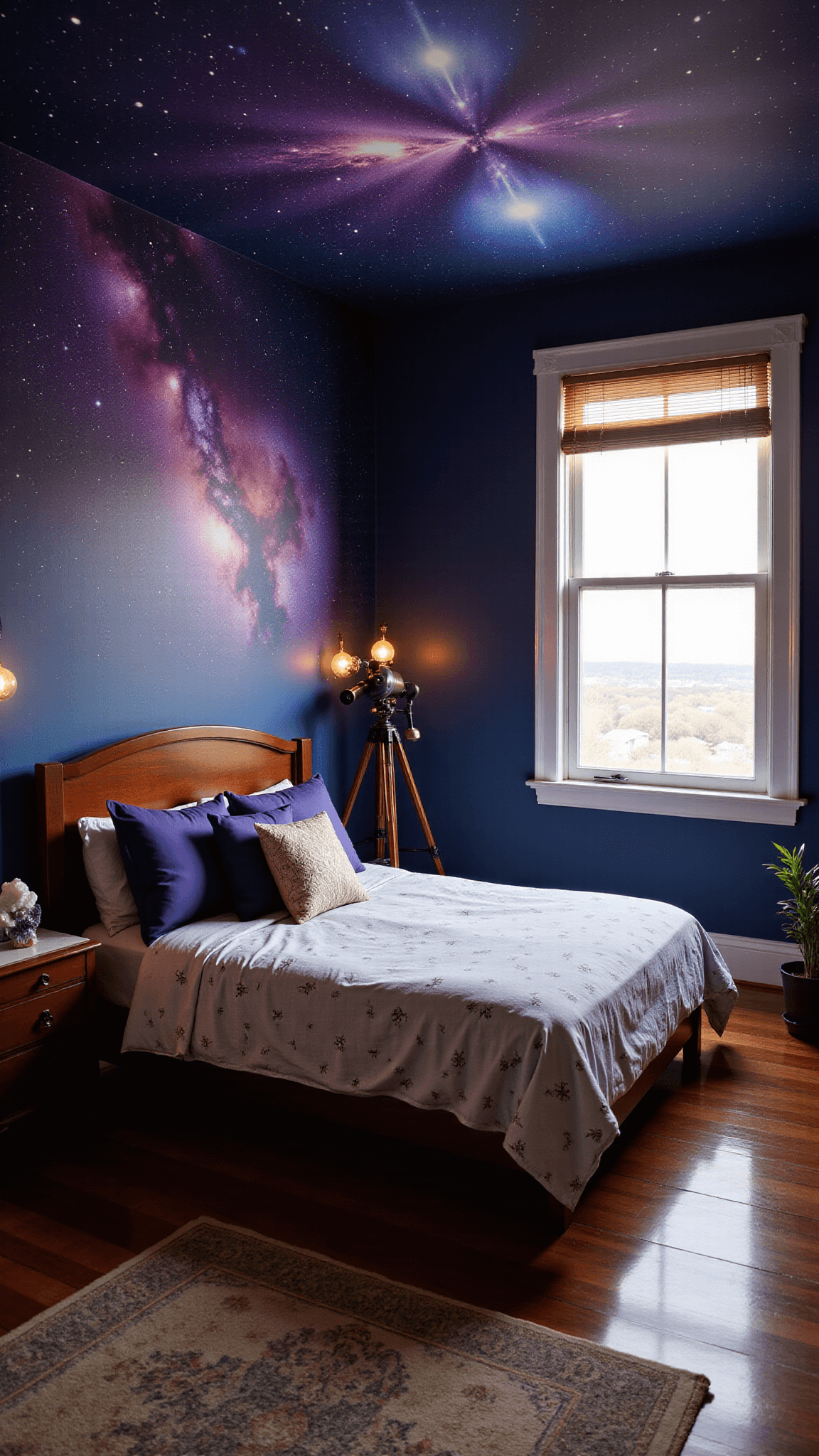 A 13x15ft guest bedroom at dawn featuring a hand-painted galaxy mural, constellation-themed bedding, a vintage telescope by the window, celestial decorations, and combined lighting from Edison bulbs, fairy lights, and LED strips.