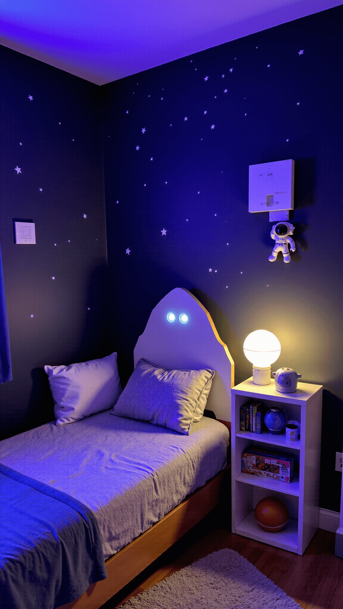 Child's space-themed bedroom at bedtime with navy and purple gradient walls adorned with glow-in-the-dark star constellations, handmade rocket-ship bed, DIY solar system mobile, space-themed bookshelf with educational toys and books, and various lighting elements including an astronaut night light and rotating planet projector.