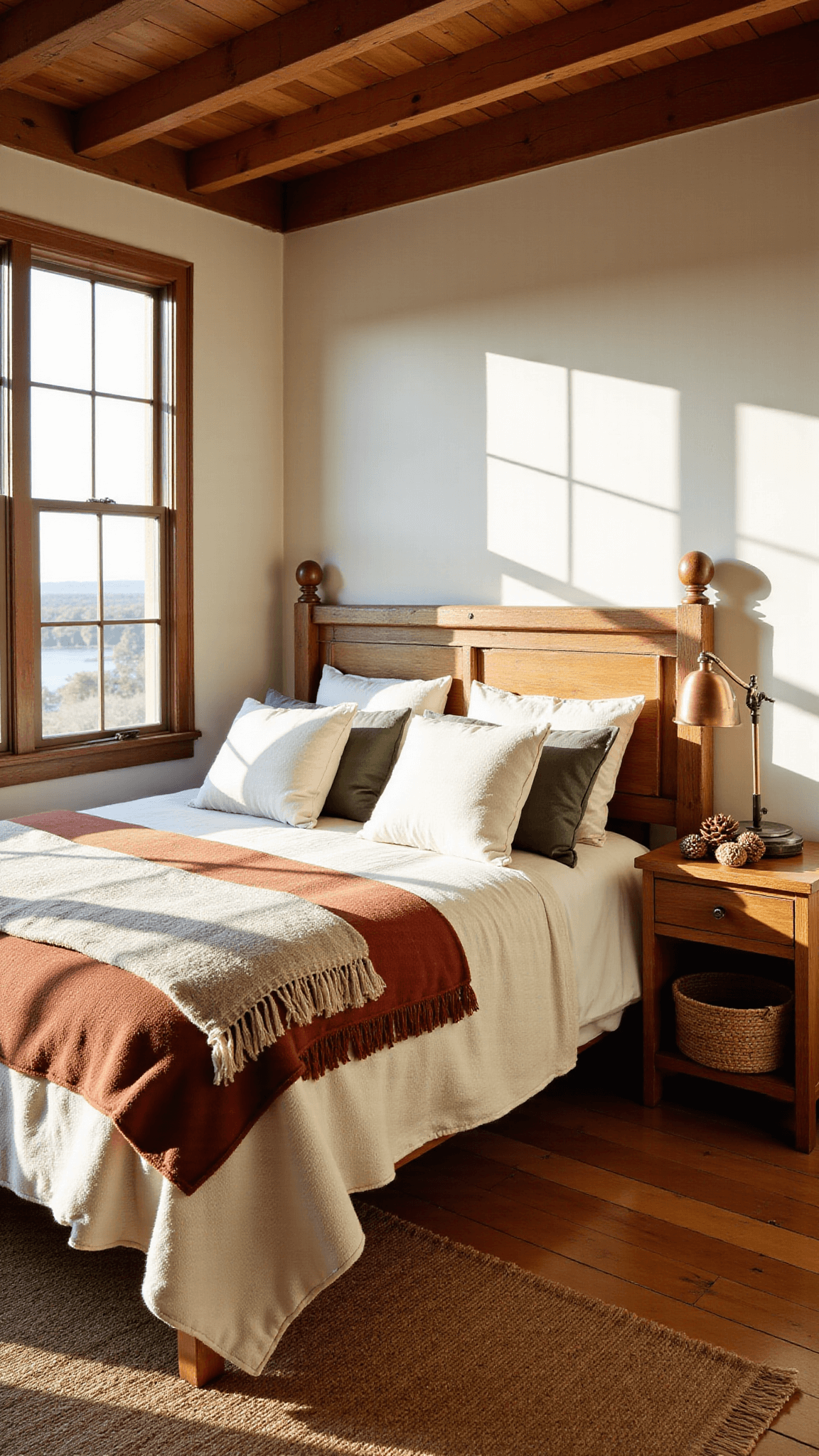 Sunlit guest room with wooden beam ceiling, king-size bed, wool blankets, vintage linen pillows, and weathered oak flooring