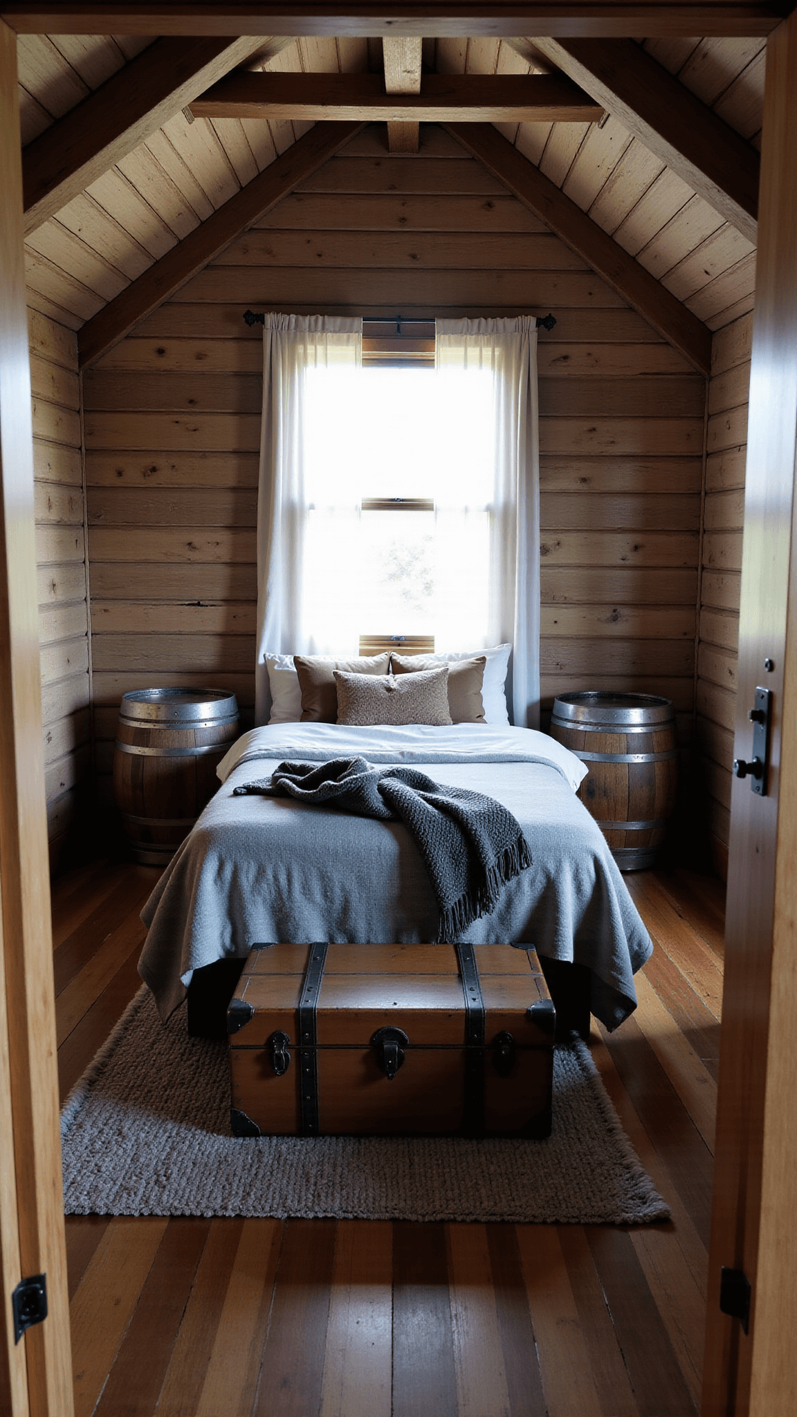 Rustic cabin bedroom at dawn with raw timber features, a queen bed in gray wool, reclaimed barrel side tables, and vintage leather trunk, bathed in morning light filtering through linen curtains