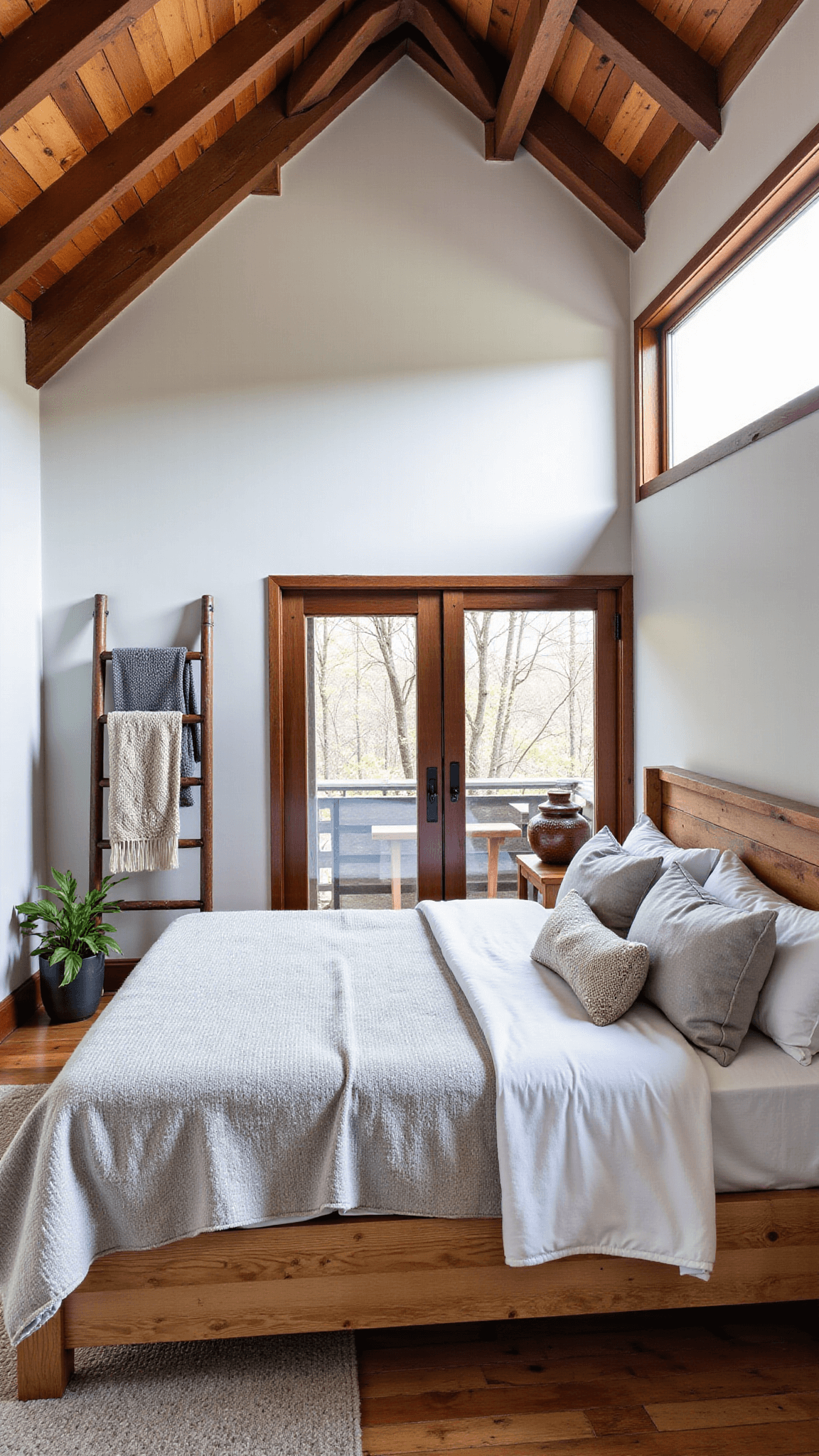 Airy guest space with cathedral ceiling, exposed rafters, floor-to-ceiling windows, platform bed, vintage ladder blanket display, and nature-inspired decor in warm grays, soft whites and cedar tones