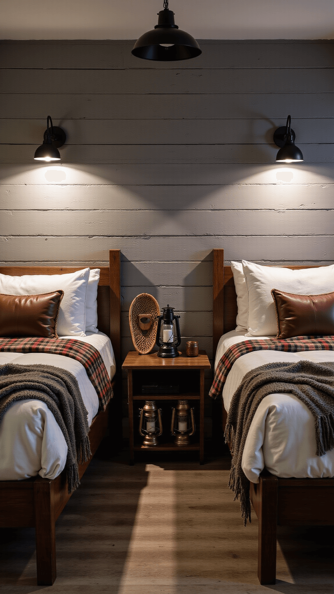 Cozy 11x13ft mountain-inspired guest room with gray shiplap walls, twin beds with buffalo check blankets, antique ski lodge decor, distressed wood and leather materials, and ambient lighting at dusk.