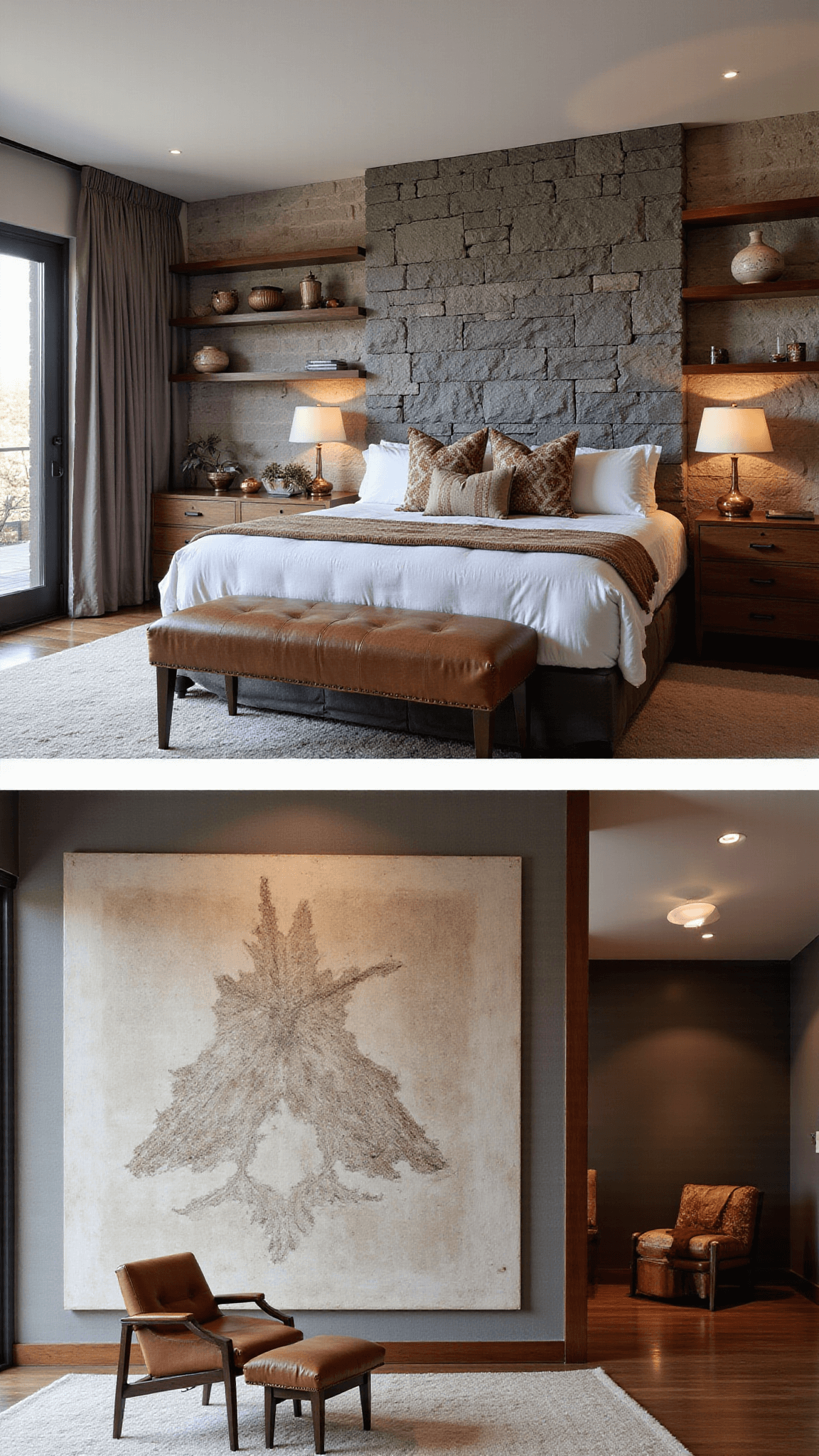 Bird's eye view of a luxurious rustic-modern 16x14ft guest suite with dominant stone accent wall, floating reclaimed wood shelves, a California king bed with neutral linens and kilim pillows, and a oversized leather armchair in a reading nook, styled with vintage maps and copper vessels, in an afternoon light.