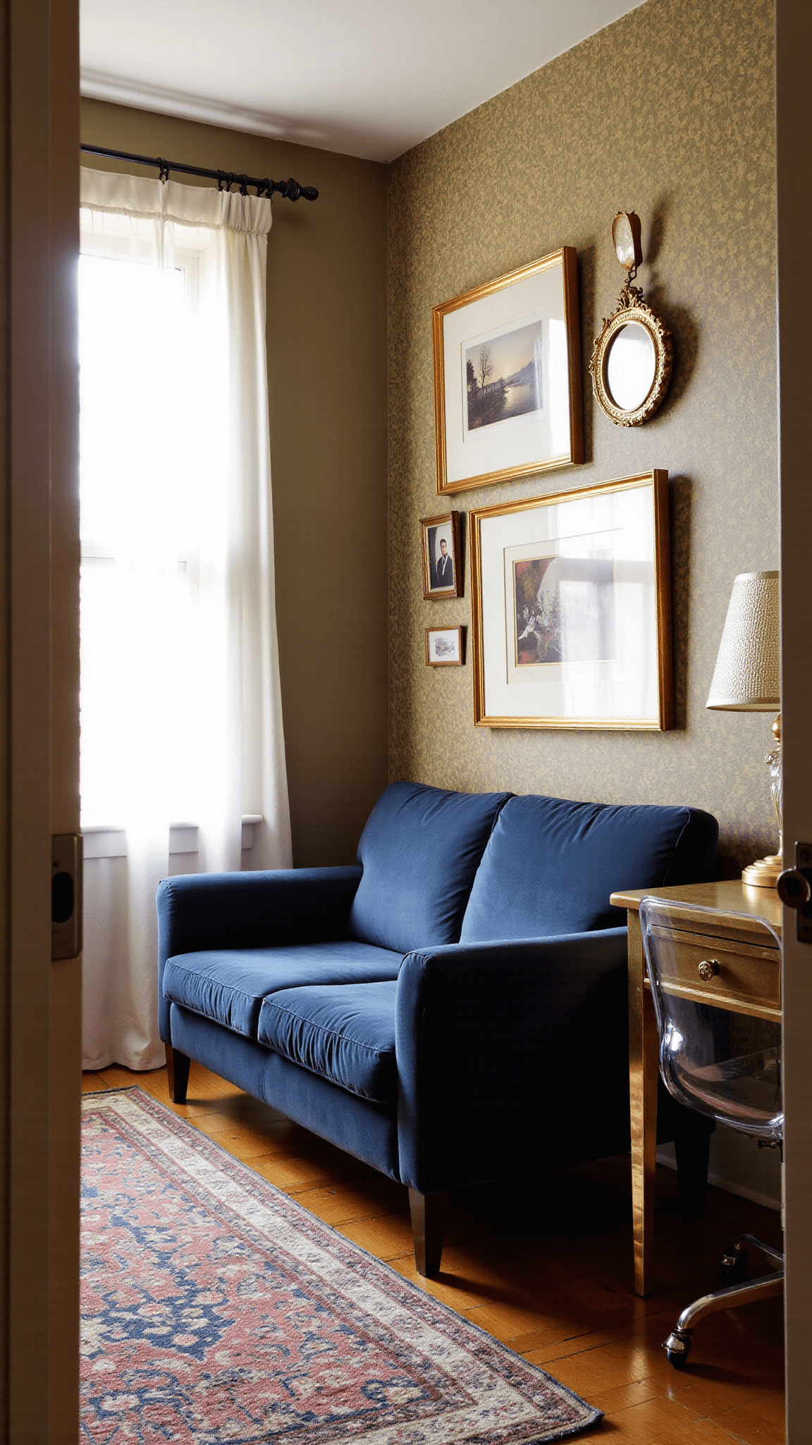 Elegant 8'x10' room with golden sunlight through sheer curtains, navy velvet sofa, botanical wallpaper, brass desk with acrylic chair, vintage Persian rug, and art gallery wall with gold frames.