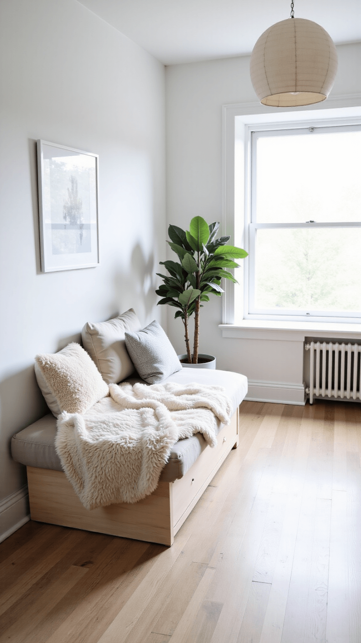 Bright, Scandinavian-inspired 10'x10' room with a platform sofa bed, minimal white desk, oversized paper pendant, and a potted fiddle leaf fig, all bathed in natural morning light.
