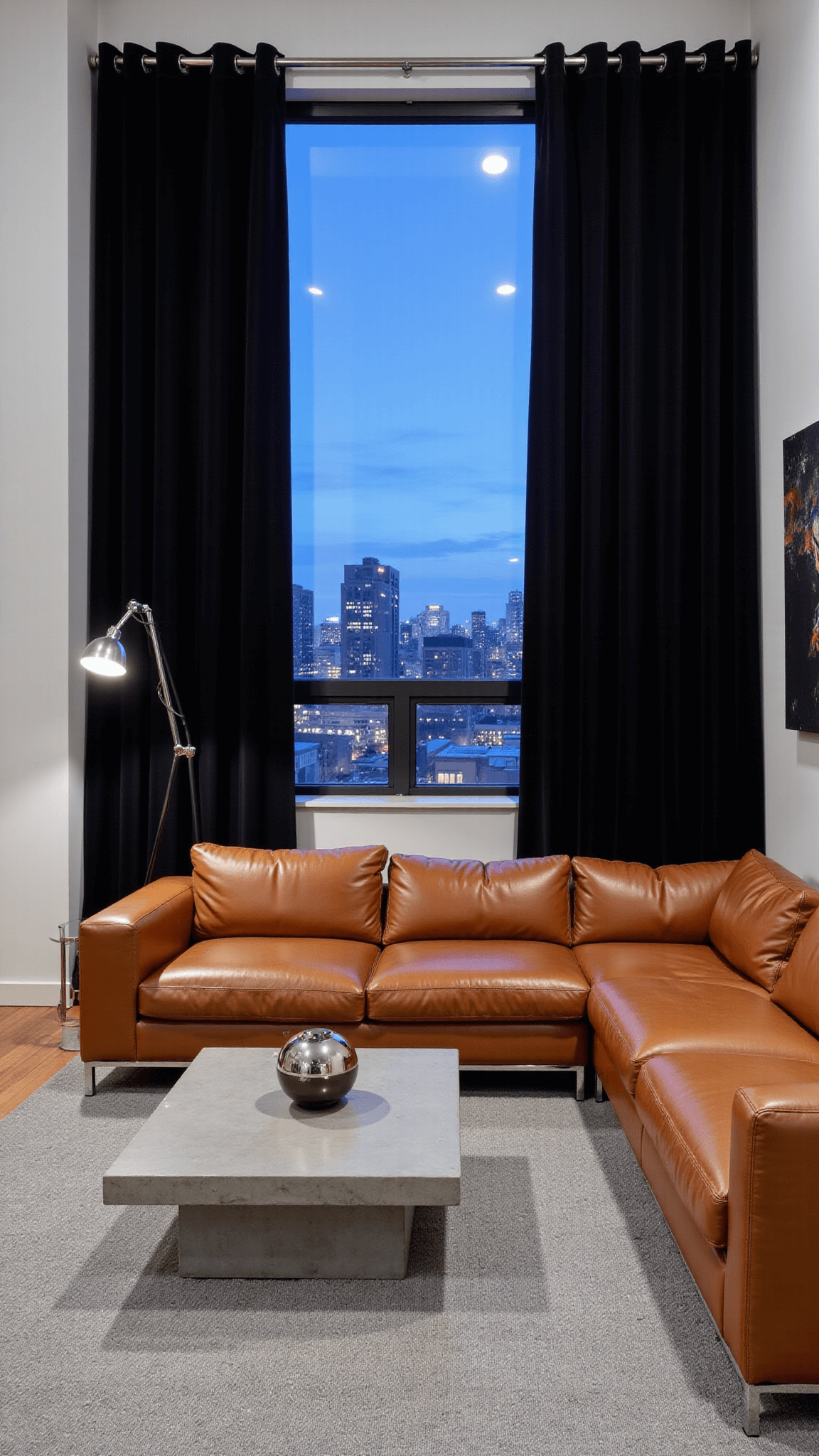 Elevated view of a contemporary 22x26ft living room at dusk with black velvet curtains, Italian leather sectional, concrete coffee table, and abstract art in an urban sophisticated setting.