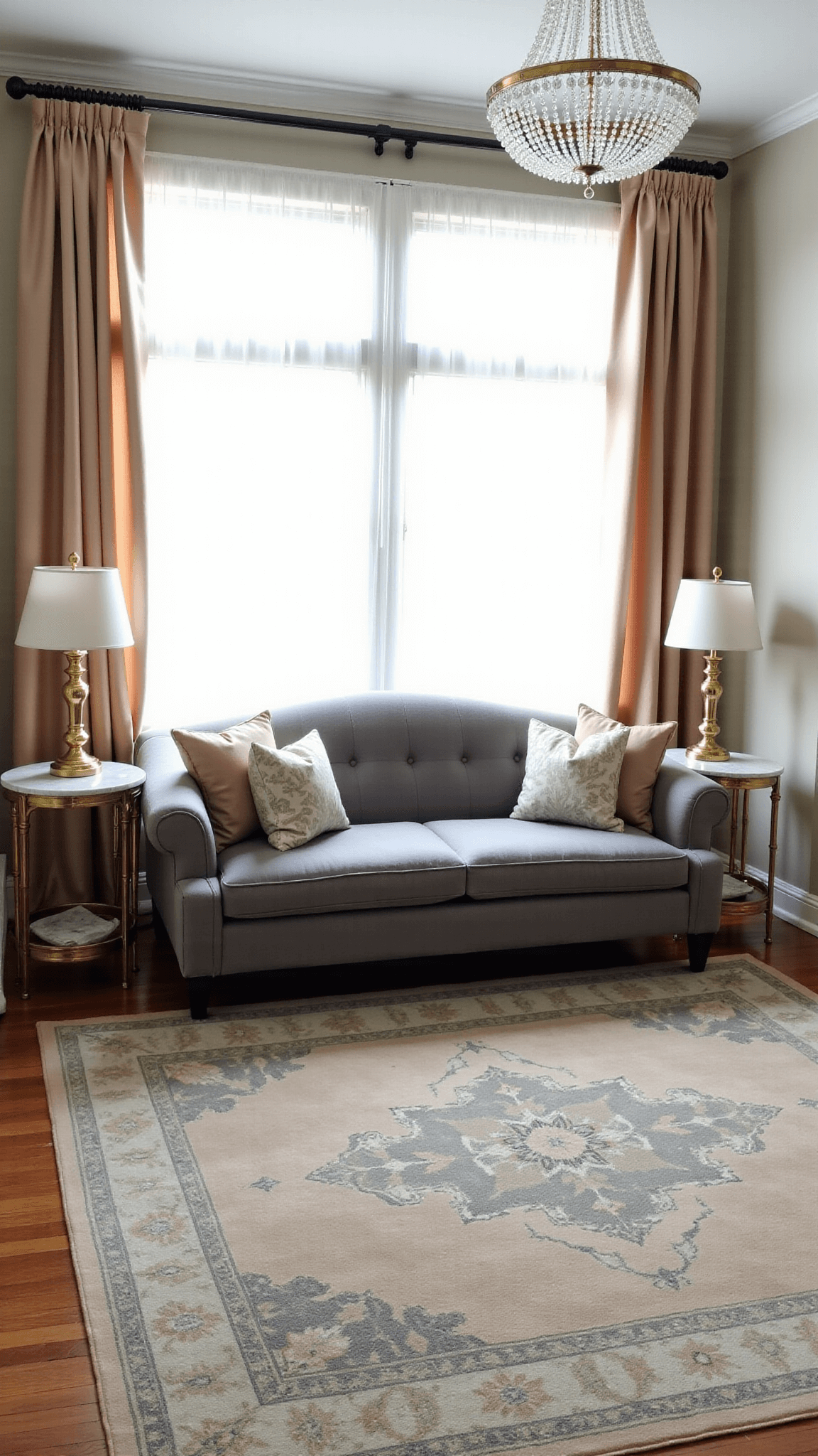 Elegant Transitional living room featuring champagne silk window treatments, gray upholstered sofa, brass and marble side tables, Persian rug, crystal chandelier, and mirrored accents in soft morning light.