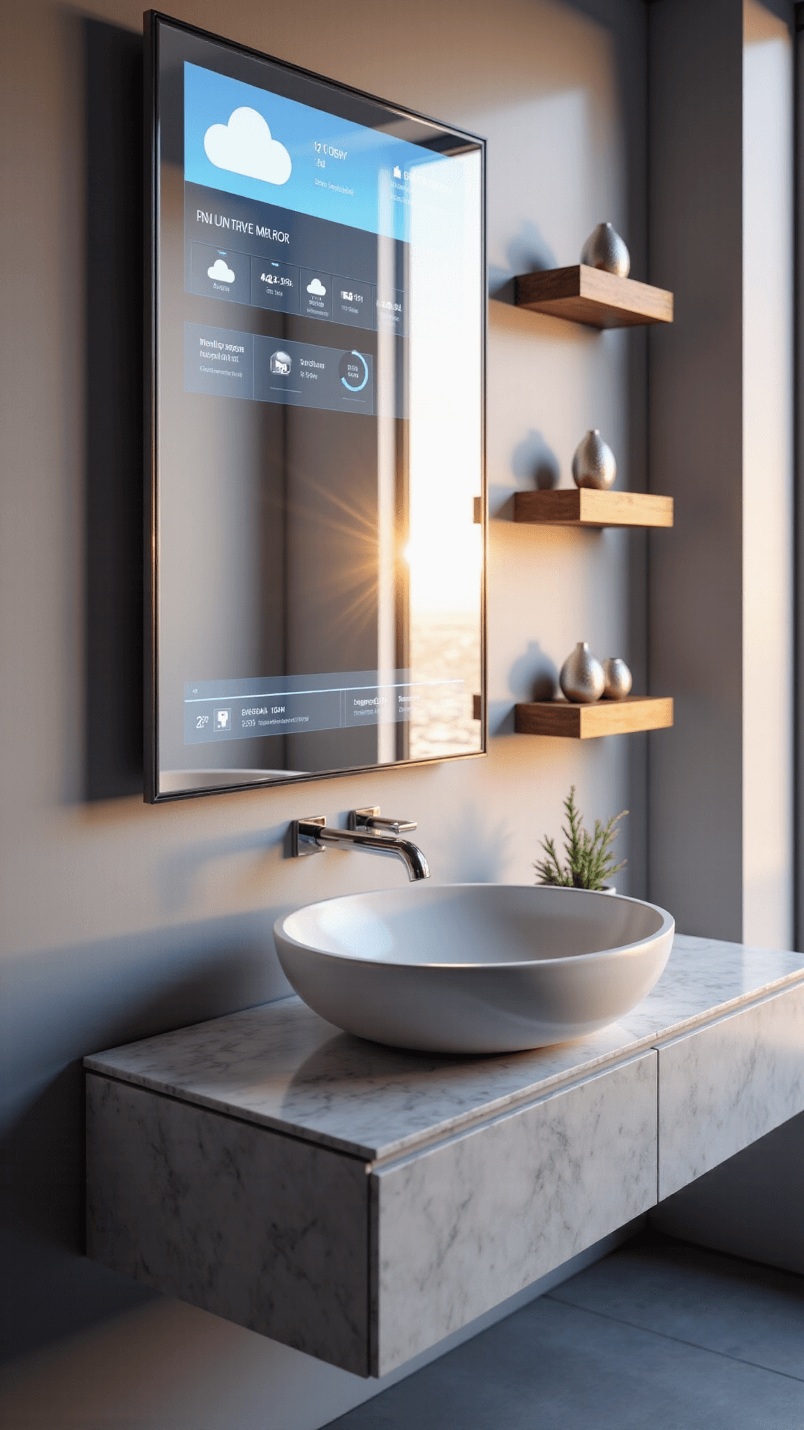 Ultra-modern bathroom with smart mirror displaying holographic weather and schedule, lit by golden hour sunlight through floor-to-ceiling windows