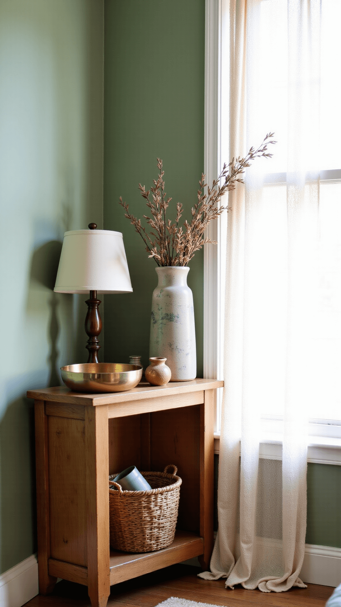 Cozy bedroom corner with distressed pine side table, styled with brass bowl, ceramic sphere and dried botanicals in a stoneware vase against sage green walls, illuminated by soft afternoon light filtering through a macramé curtain.
