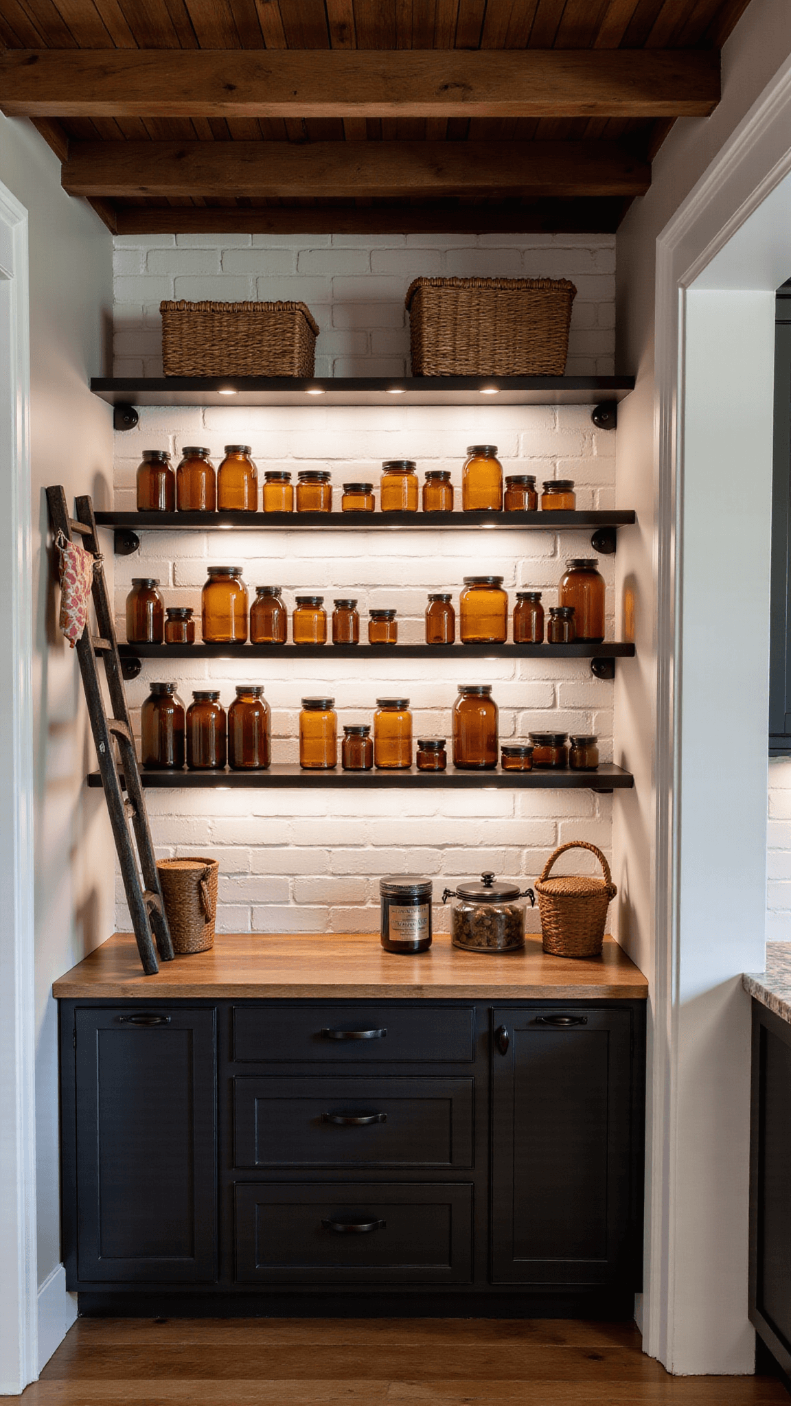 Moody evening pantry with warm white shelving, amber glass jars, woven baskets, a vintage ladder and white brick backsplash under exposed wooden beams, in soft artificial light.