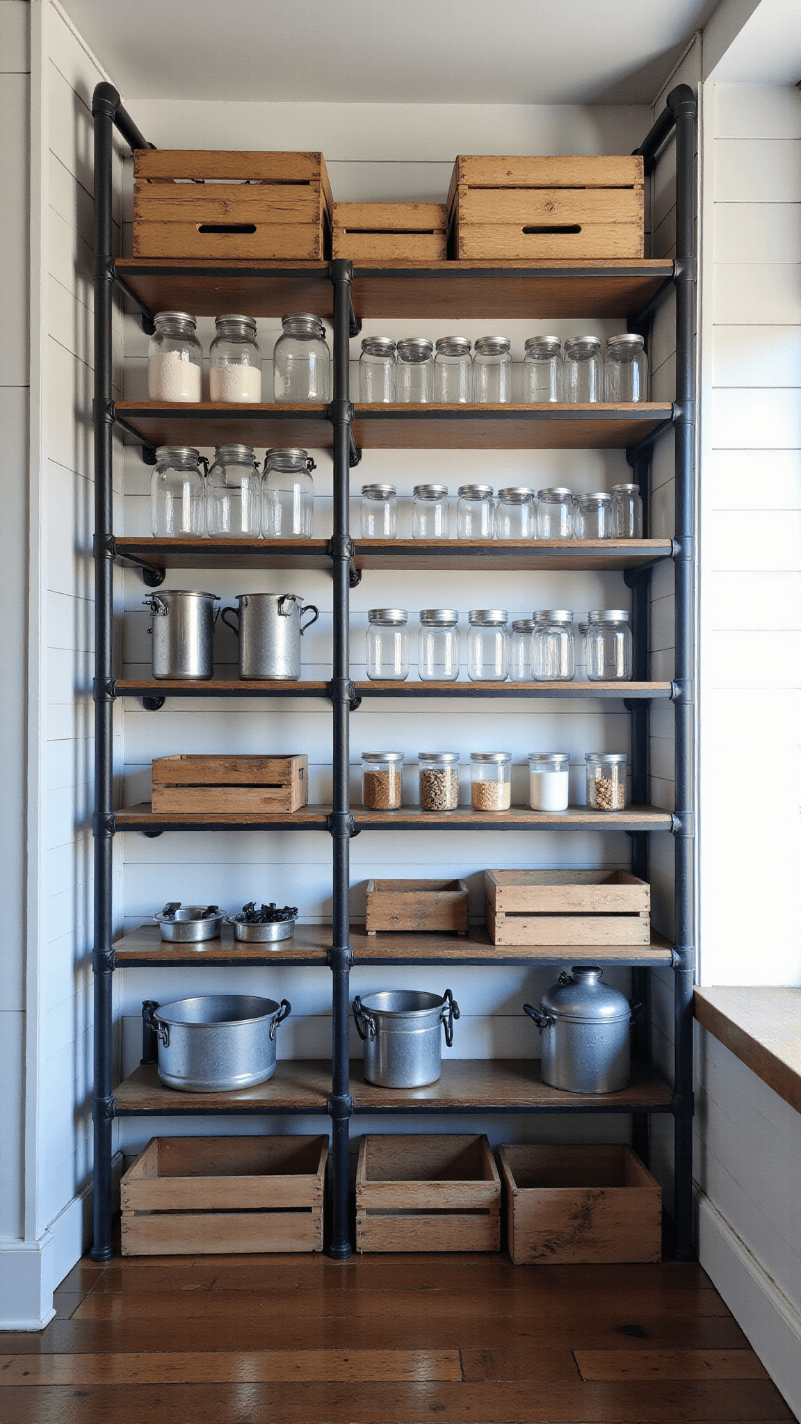 Dramatic vertical view of industrial-farmhouse pantry with matte black pipe shelves, clear glass canisters, metal bins, and wooden crates against shiplap walls, lit by afternoon sunlight through window panes.