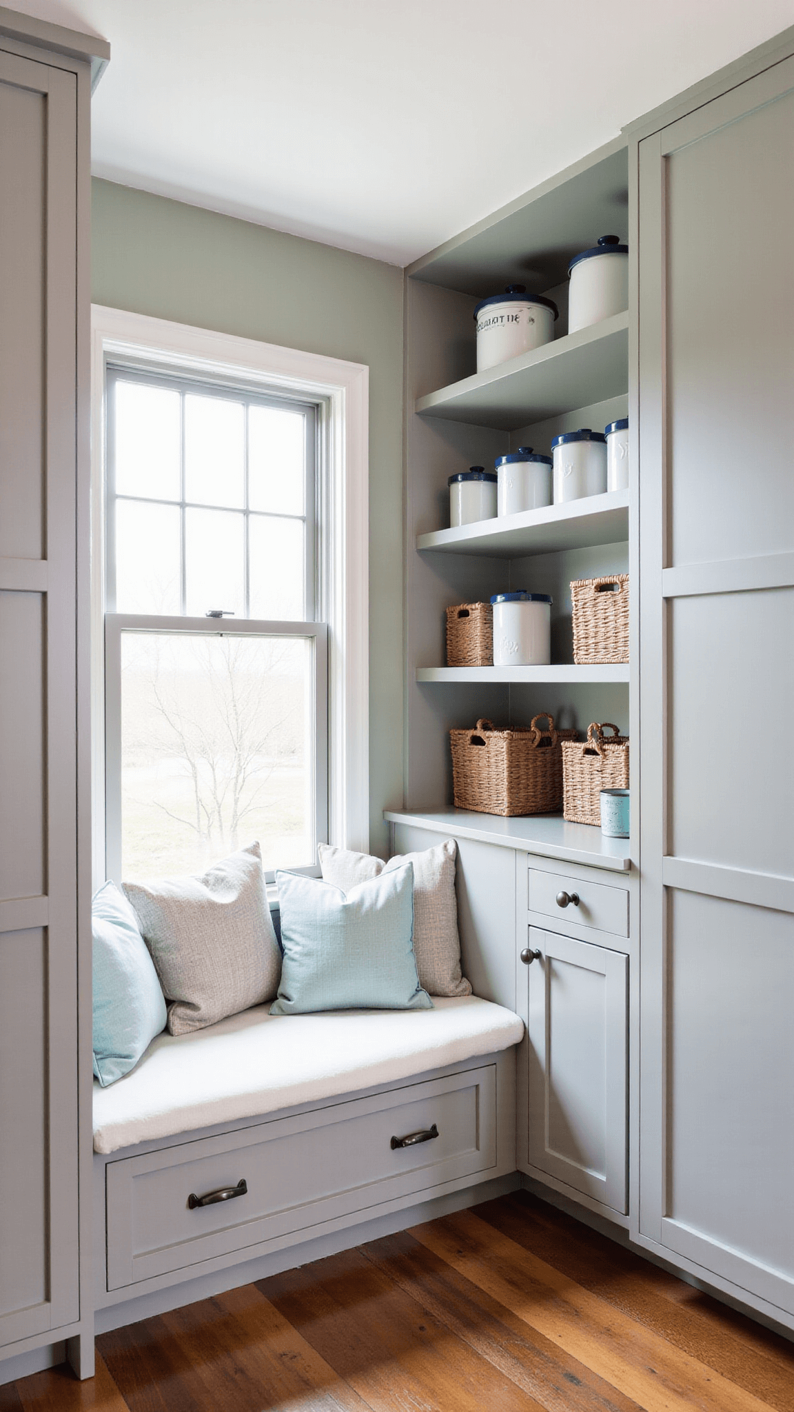 Cozy breakfast nook with window seat in a 6x8ft alcove, flanked by dove gray cabinets and open shelving with white ceramic canisters and wicker baskets, with touches of vintage blue enamelware.