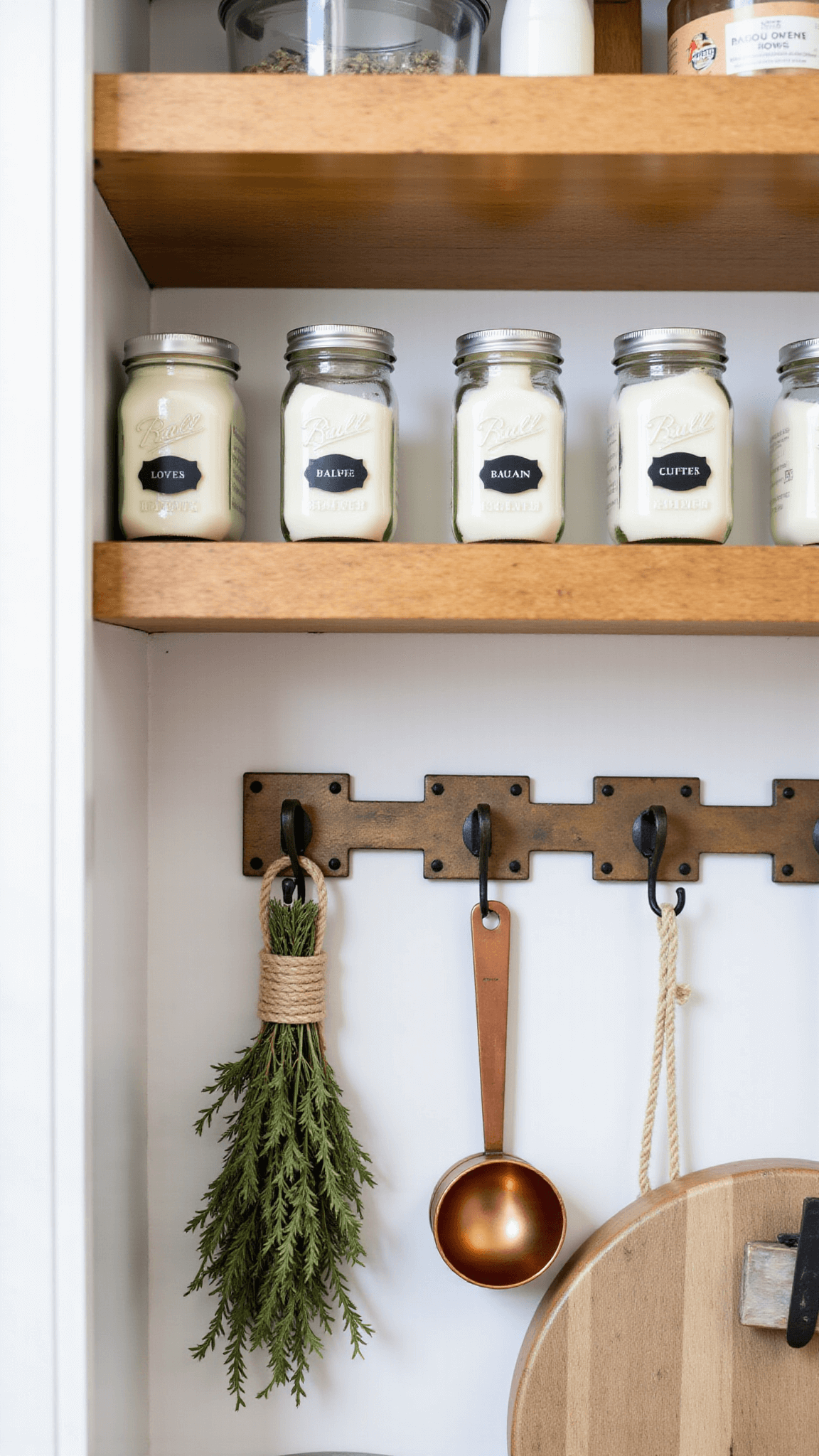 Close-up of a farmhouse pantry with custom maple shelving holding mason jars with chalk labels, vintage copper measuring cups on antique hooks, and dried herb bundles on twine, all lit by midday natural light