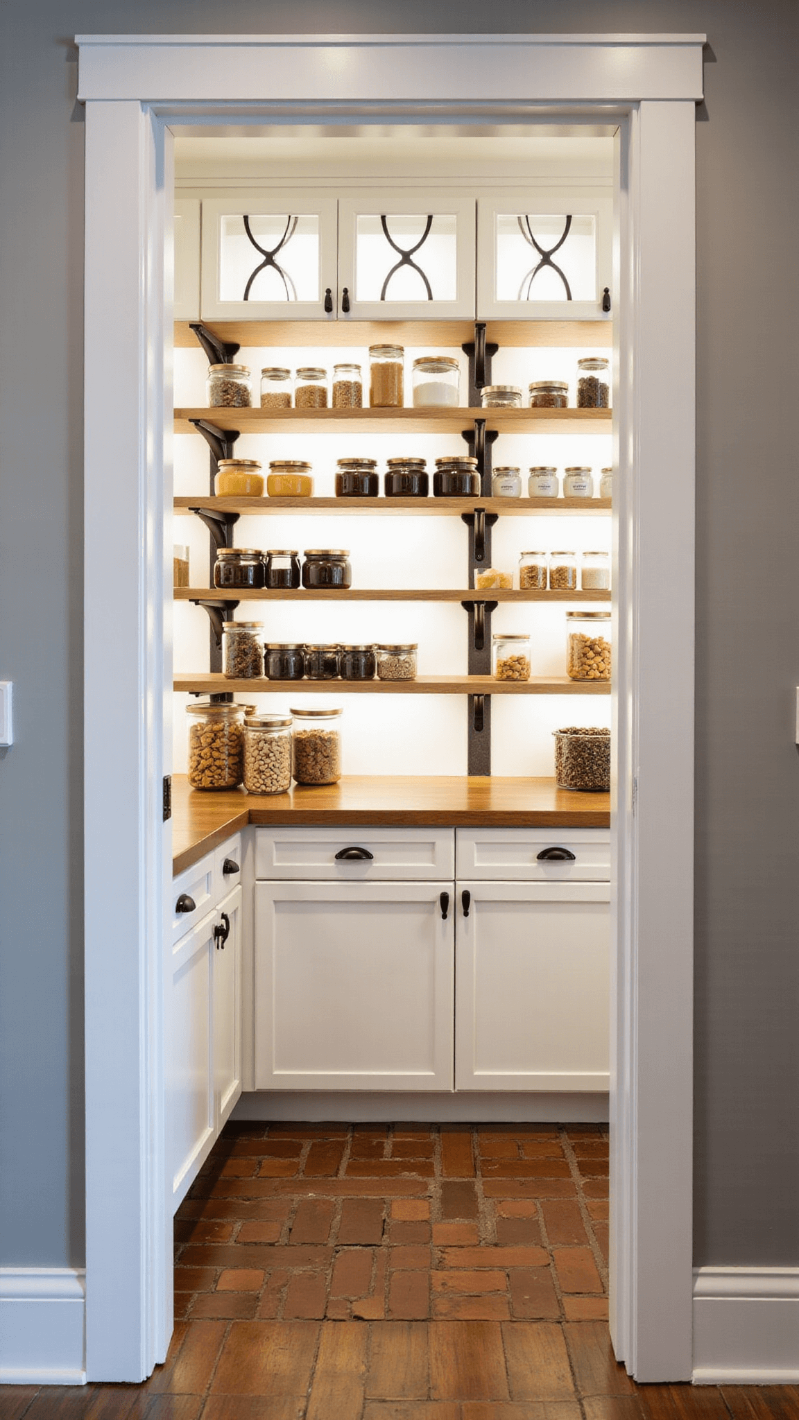 Walk-in farmhouse pantry at dusk, featuring herringbone brick floors, white oak shelves with black hardware, illuminated glass-front cabinets with coordinated containers, under professional lighting, viewed from doorway.