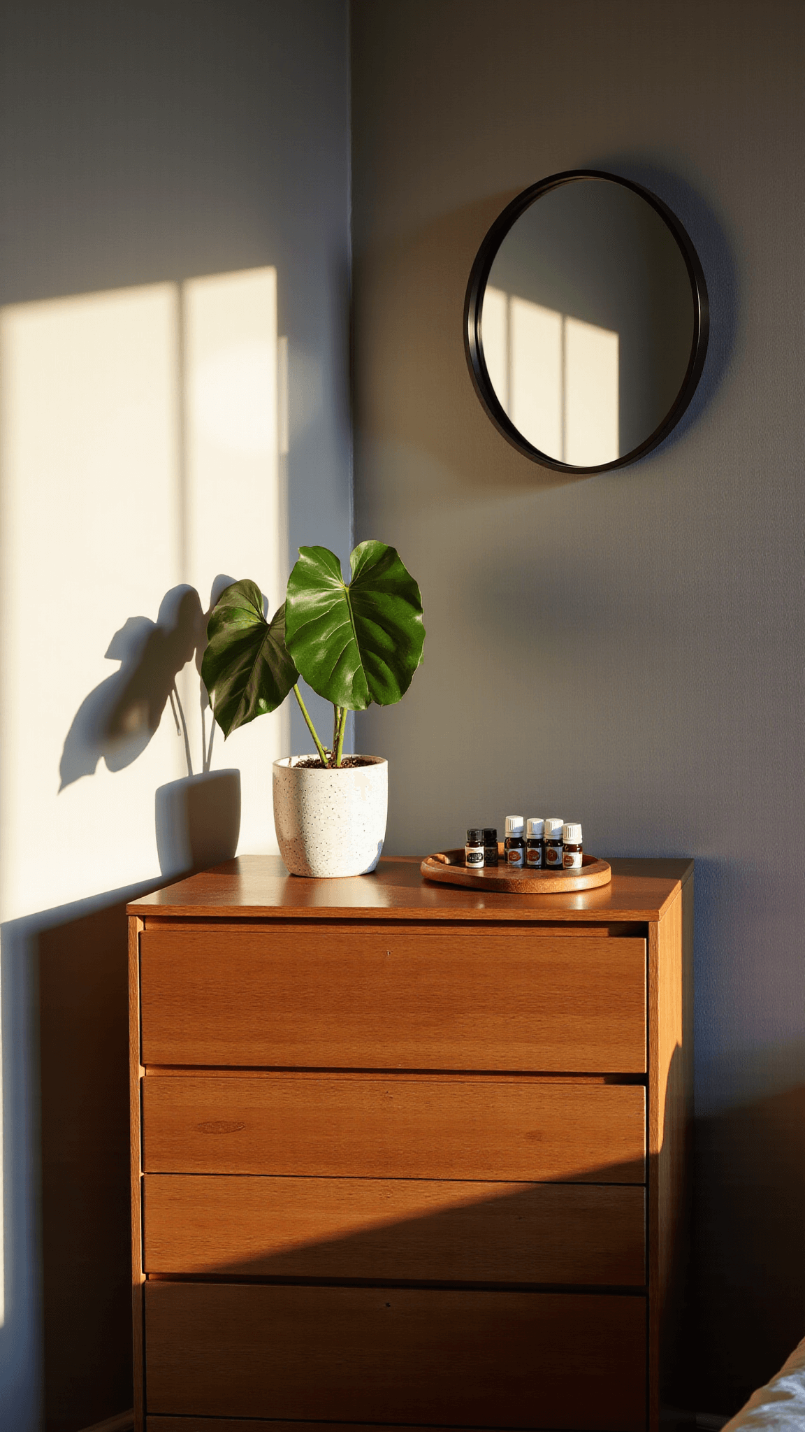 Golden hour sunlight illuminating a minimalist 6-drawer walnut dresser in a 12x12ft warm gray room, with a monstera plant casting organic shadows, a round mirror reflecting ambient light, and a small wooden tray holding essential oils.