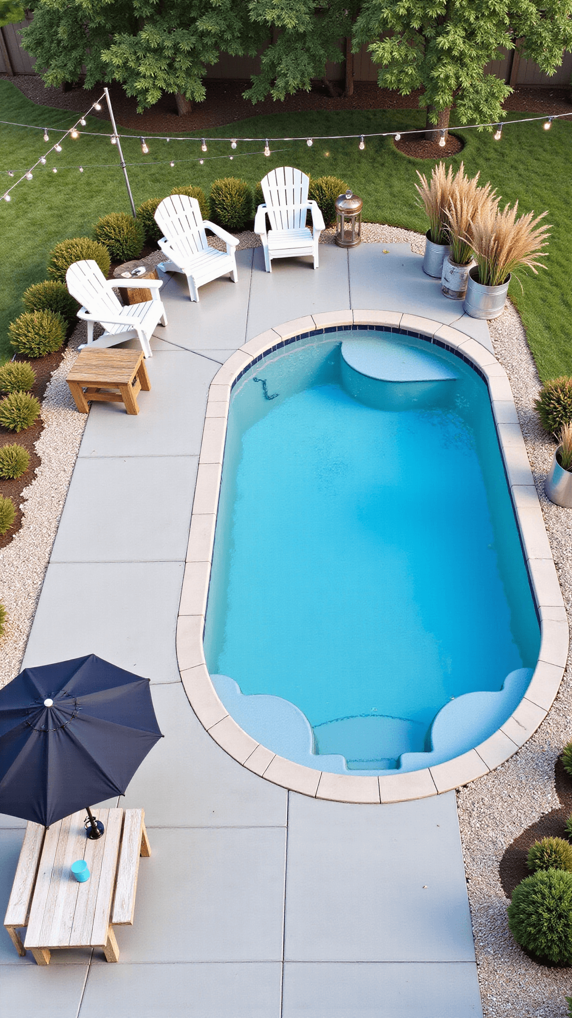 Aerial view of a modern farmhouse pool patio with a stock tank pool, white Adirondack chairs, reclaimed wood coffee table, metal planters with ornamental grasses, string lights, and a market umbrella.