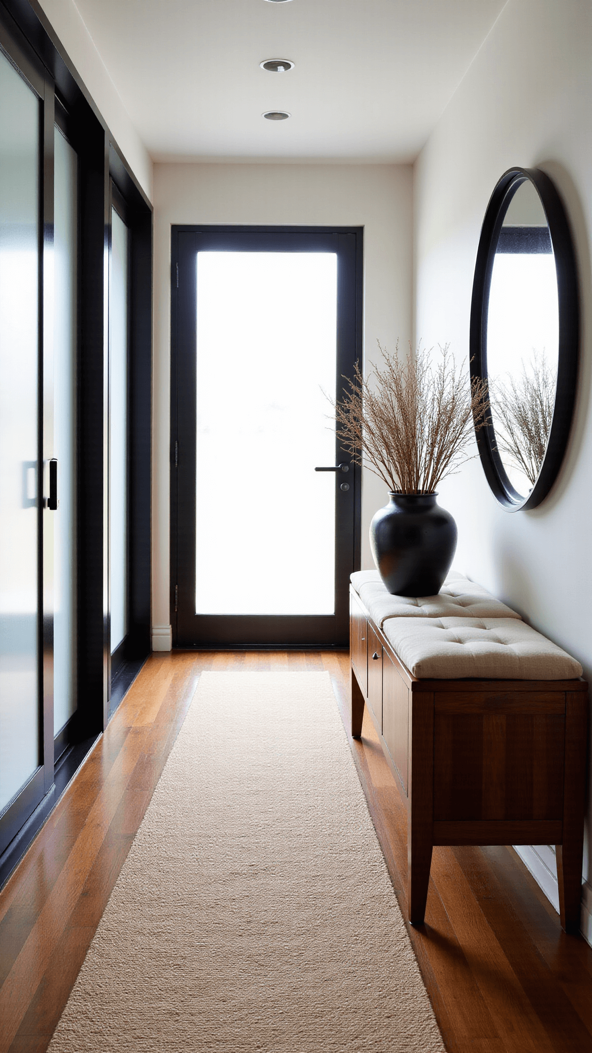 Modern minimalist entry corridor with floating wooden console, black stoneware vessel, bench with linen cushion, and a shoji screen door casting shadow patterns.