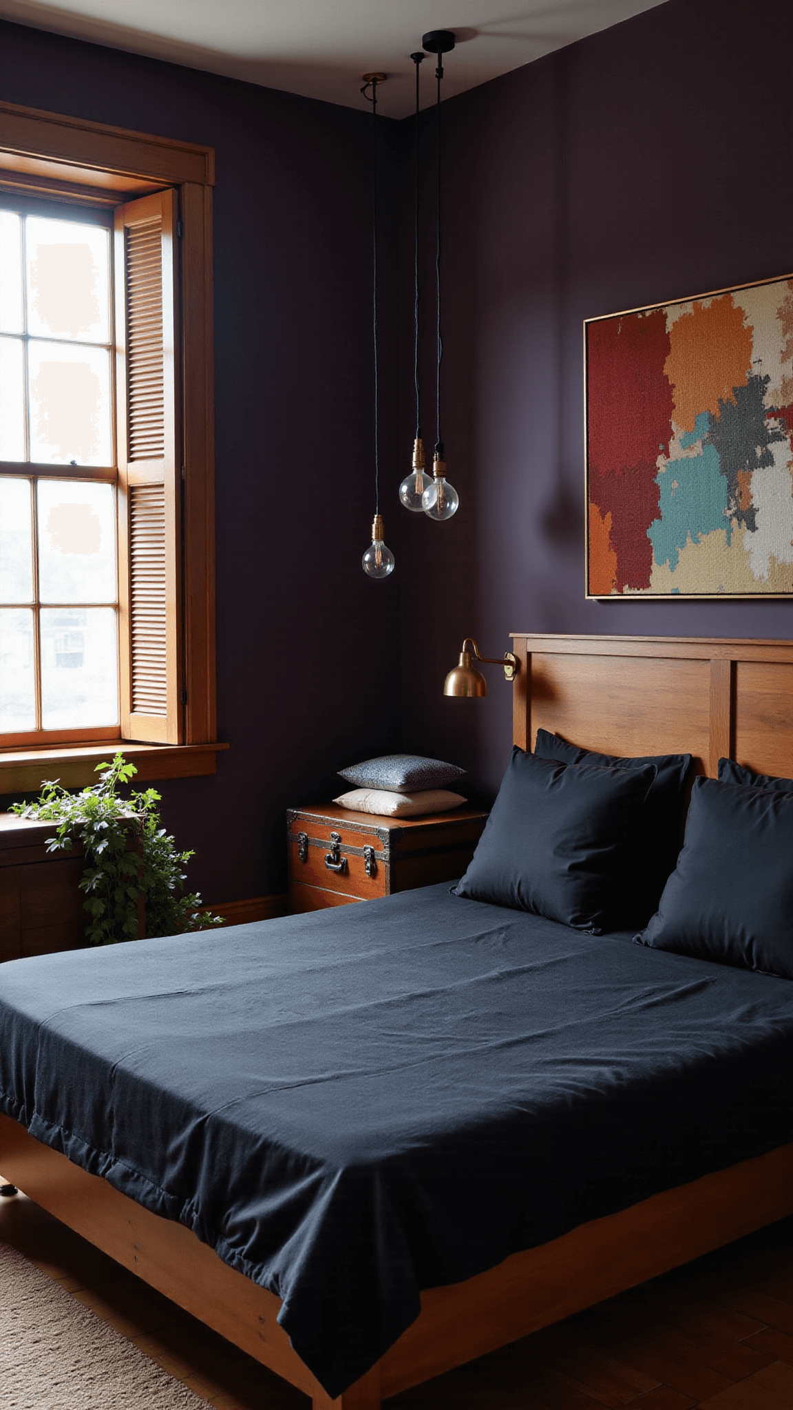 Early morning view of a 13x14ft bedroom with light piercing through wooden shutters onto dark plum walls, a black linen platform bed, brass and glass pendant lights, a vintage trunk serving as a bedside table, and ivy with meditation cushions in the corner.