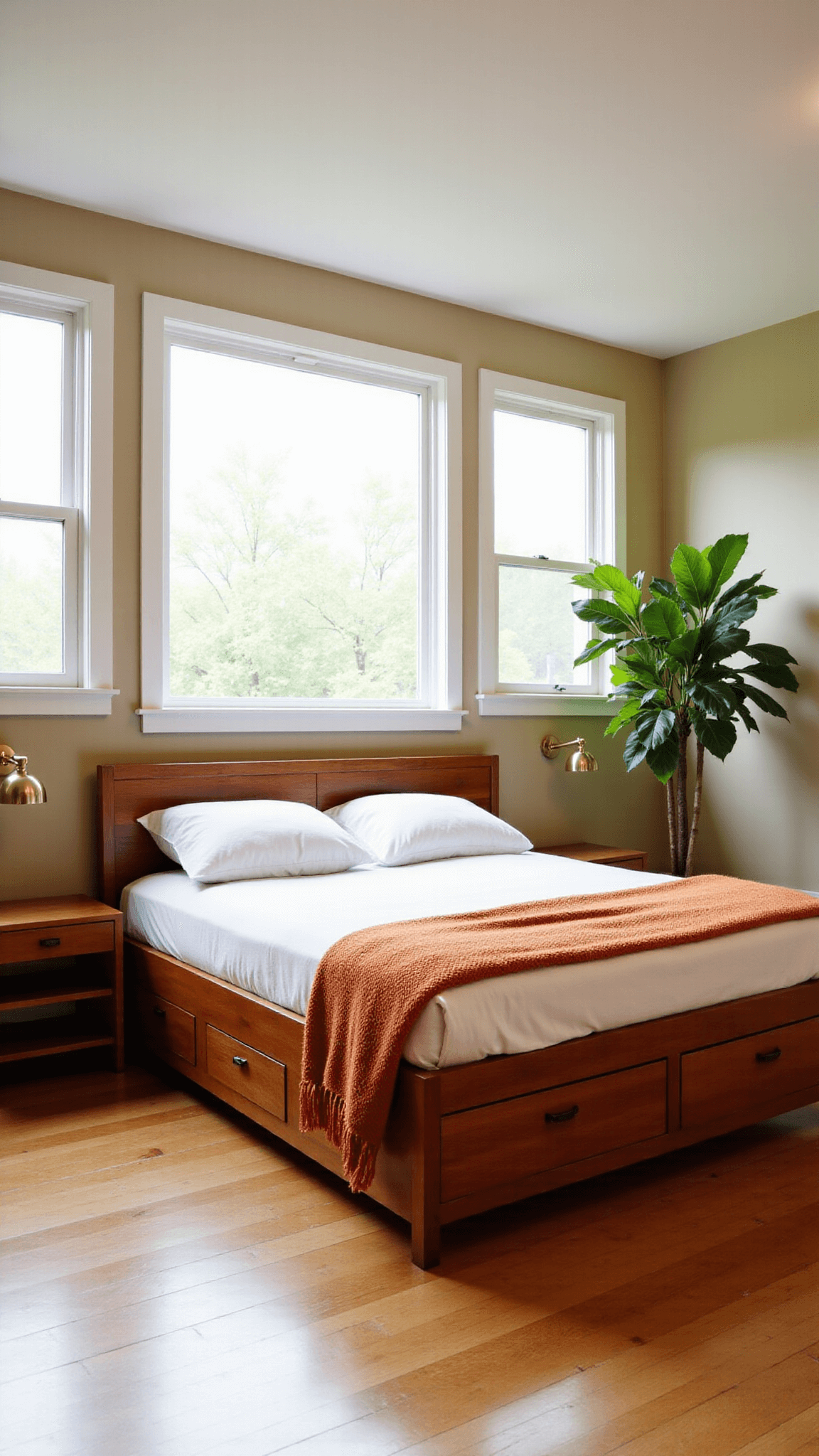 Sunny 14x16ft bedroom with walnut mid-century modern bed, white linens, burnt orange throw blanket, brass wall sconces, and a large fiddle leaf fig plant