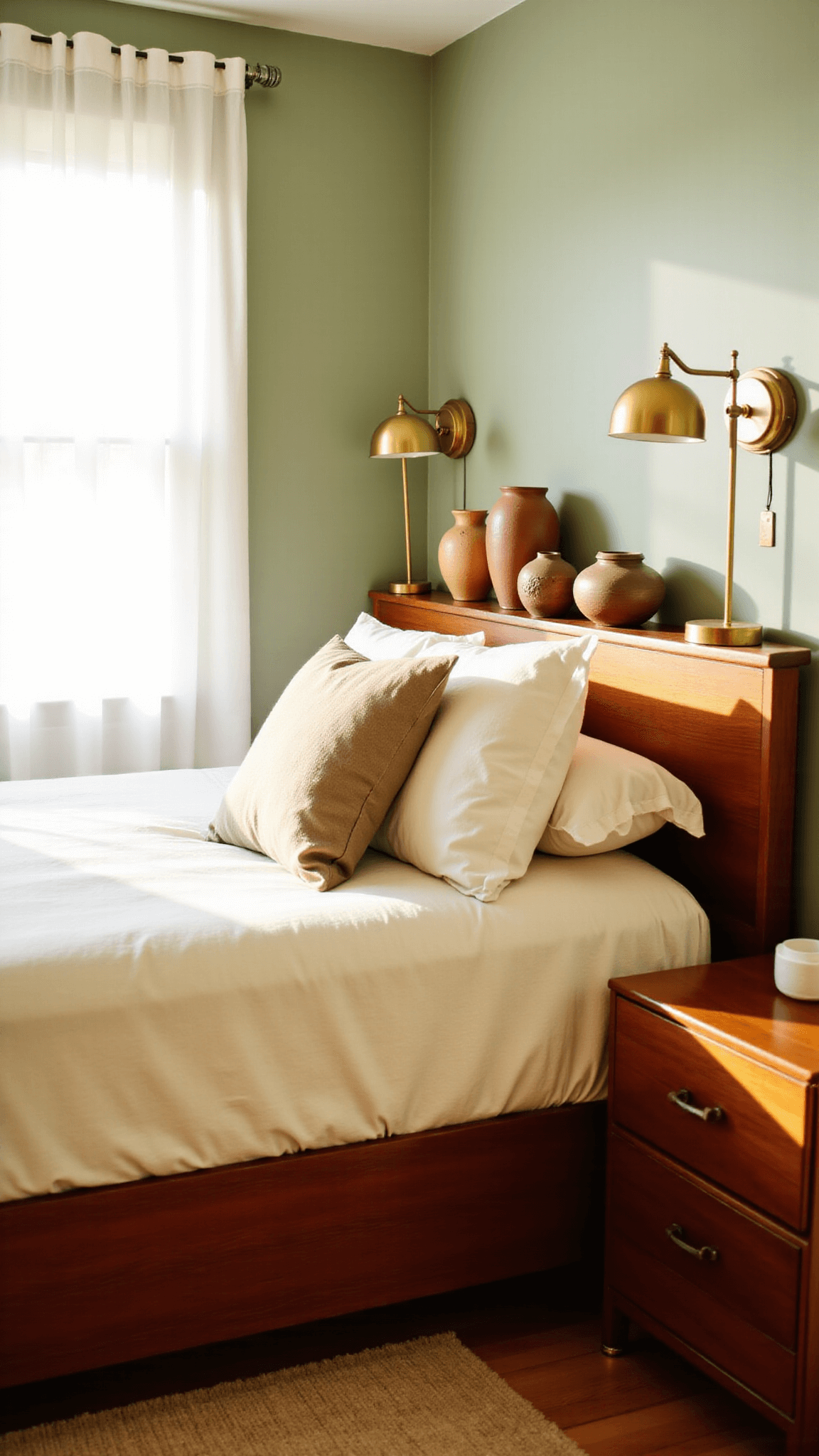 Intimate bedroom at golden hour with light filtering through sheer curtains, highlighting a teak mid-century bed dressed in oatmeal and cream linens, with vintage brass lamps on floating nightstands and a collection of ceramic vessels against a sage green wall.