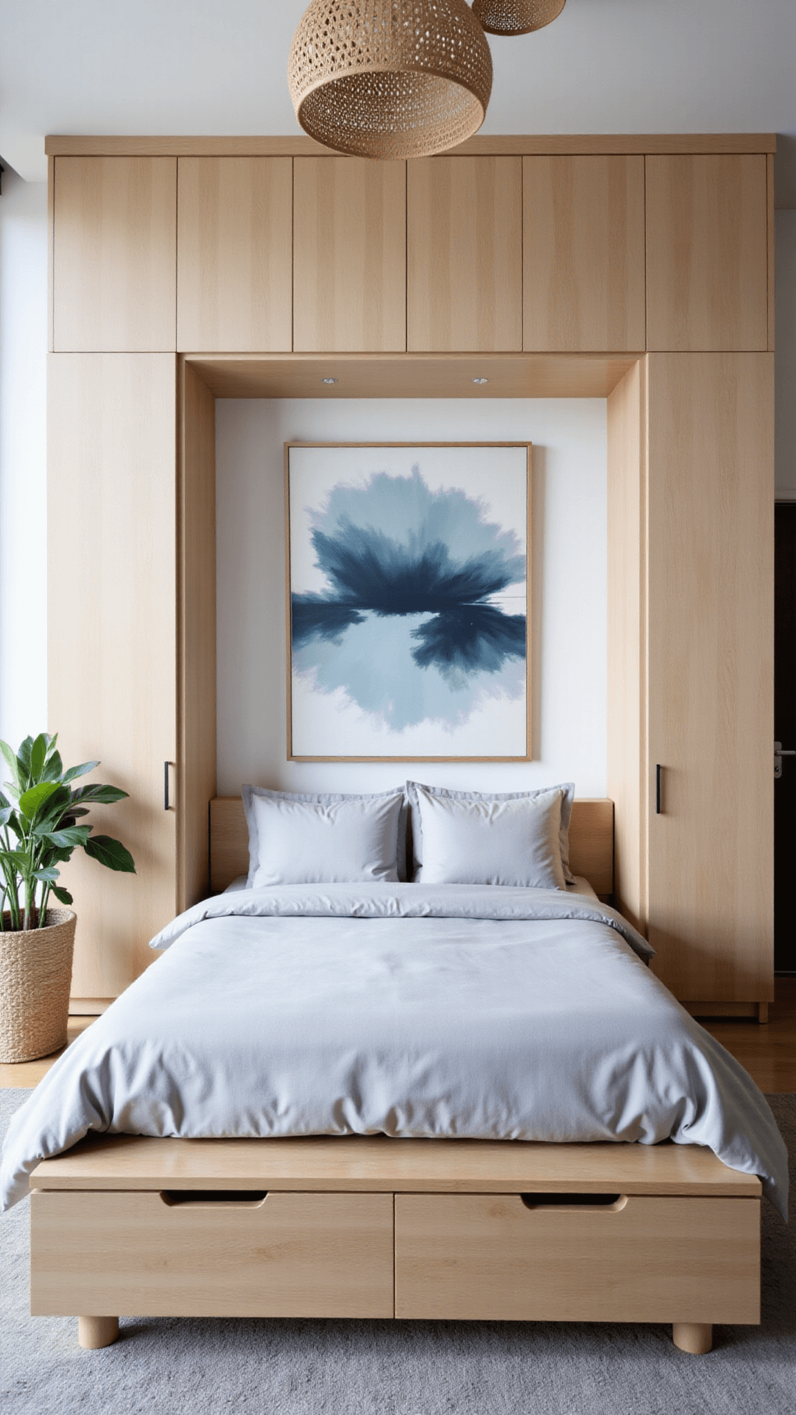Primary bedroom with bleached oak platform storage bed, built-in wardrobes, abstract blue art, woven pendant lights, and a monstera plant, bathed in ethereal dawn light.