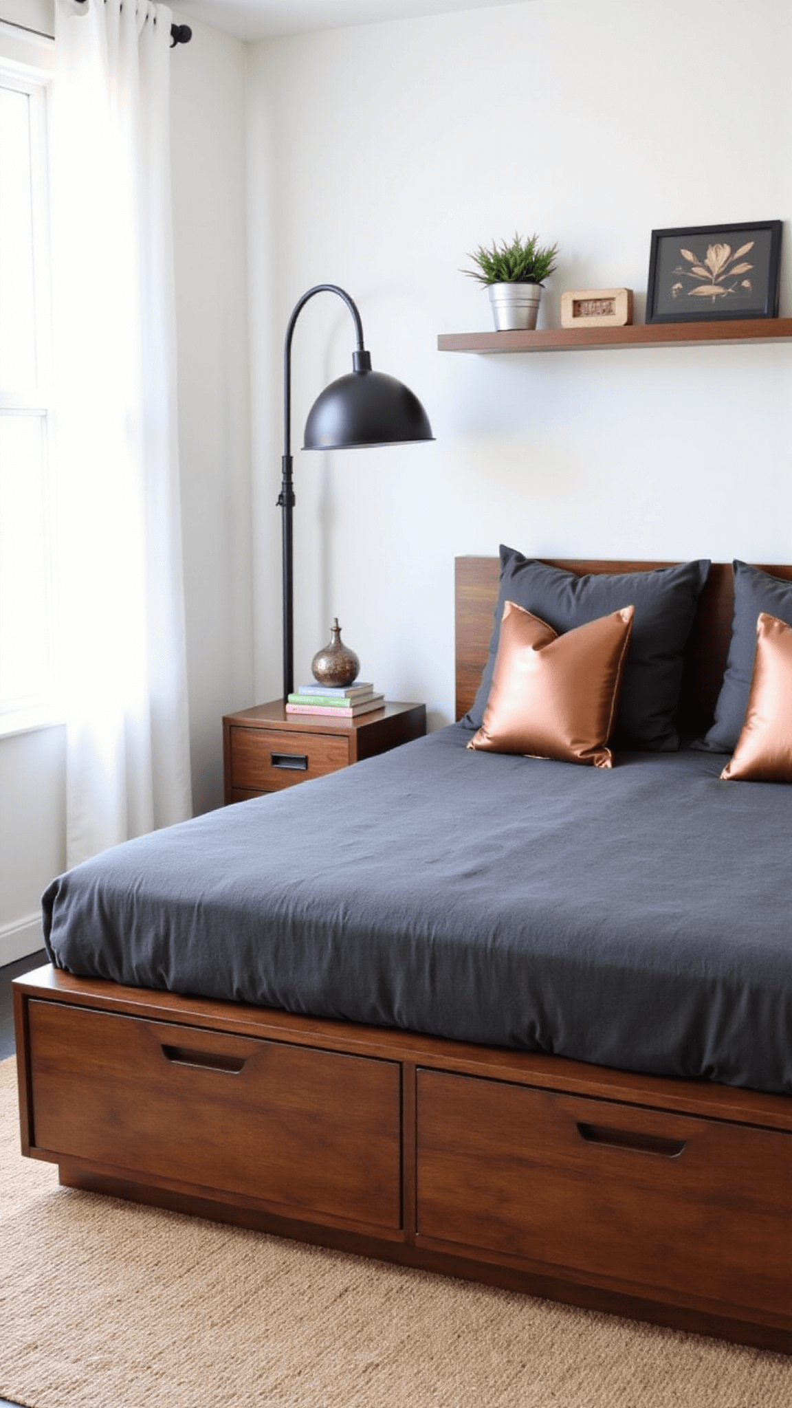 Minimalist bedroom with low-profile walnut bed, white walls, charcoal linen bedding, copper accent pillows, sleek black floor lamp, floating shelves with art objects, and a jute rug lit by afternoon light.