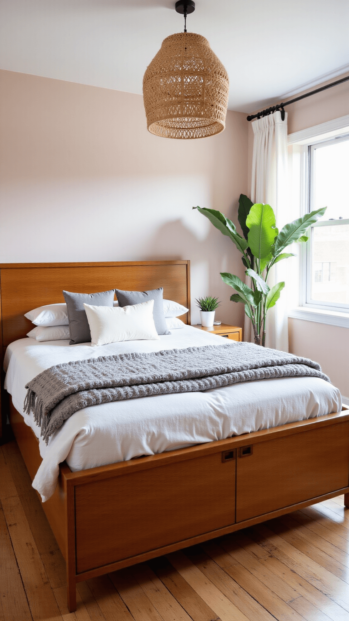 Danish-inspired honey oak storage bed in a cozy 16x14ft bedroom with mixed lighting, mid-century nightstands, layered bedding, a hanging rattan pendant and a tall bird of paradise plant against blush walls.