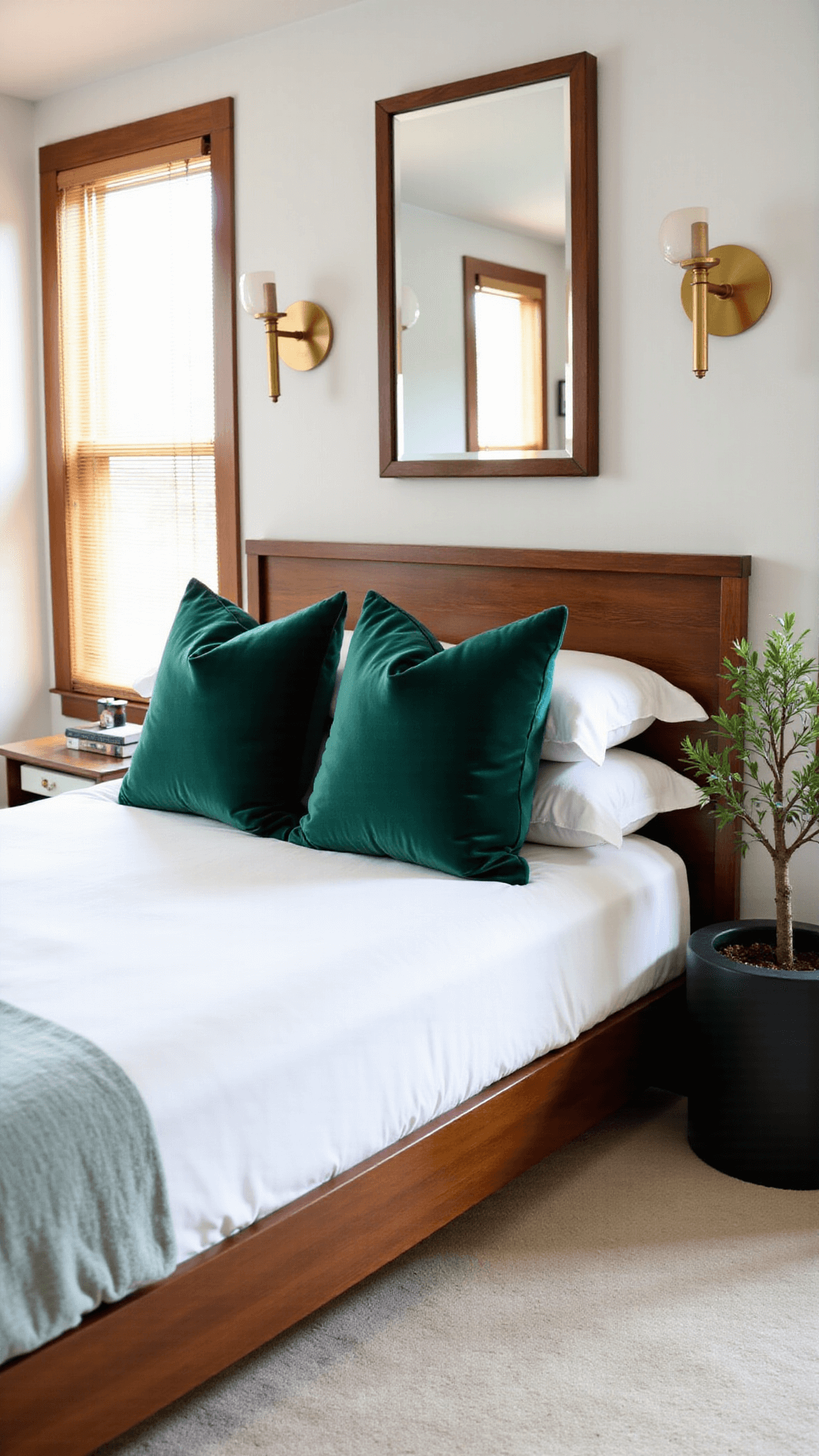 Compact 11x13ft bedroom with morning light through bamboo blinds, walnut storage bed with emerald velvet pillows, white linens, brass sconces, art deco mirror, and olive tree in planter.