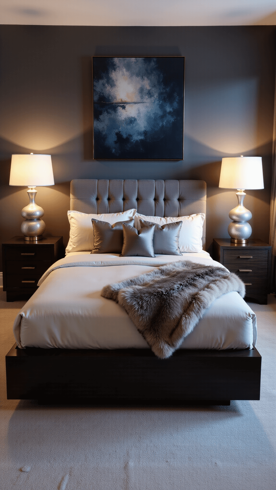 Dusk view of a sophisticated 15x17ft bedroom featuring a platform bed with grey tufted headboard, cream, grey, and mauve silk bedding, floating brass nightstands with ceramic table lamps, and an abstract blue and grey canvas above the bed.
