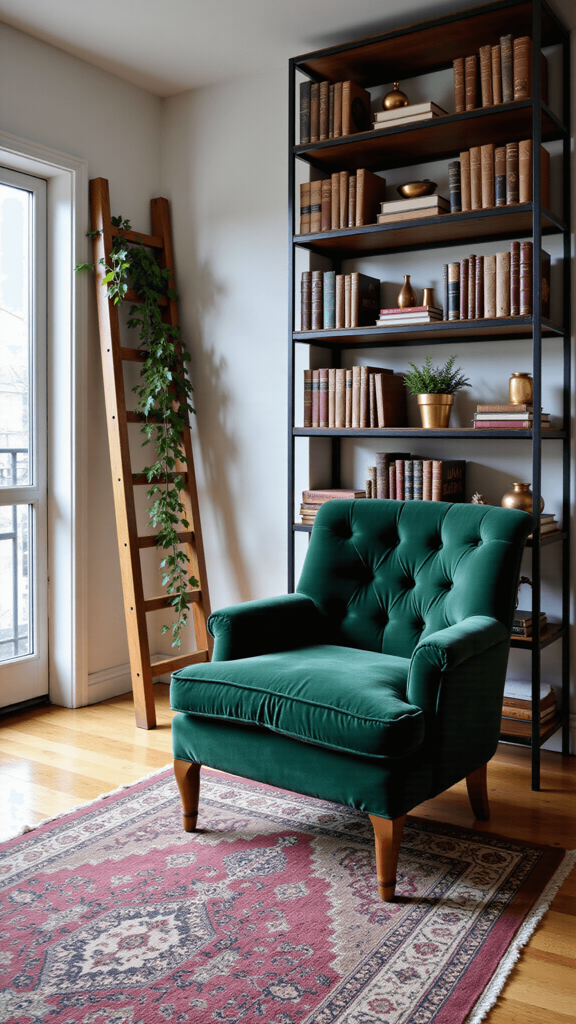Overhead view of a cozy library corner with a green velvet chair, Persian rug, black metal shelving, a variety of books, brass objects and ivy, in late afternoon light.