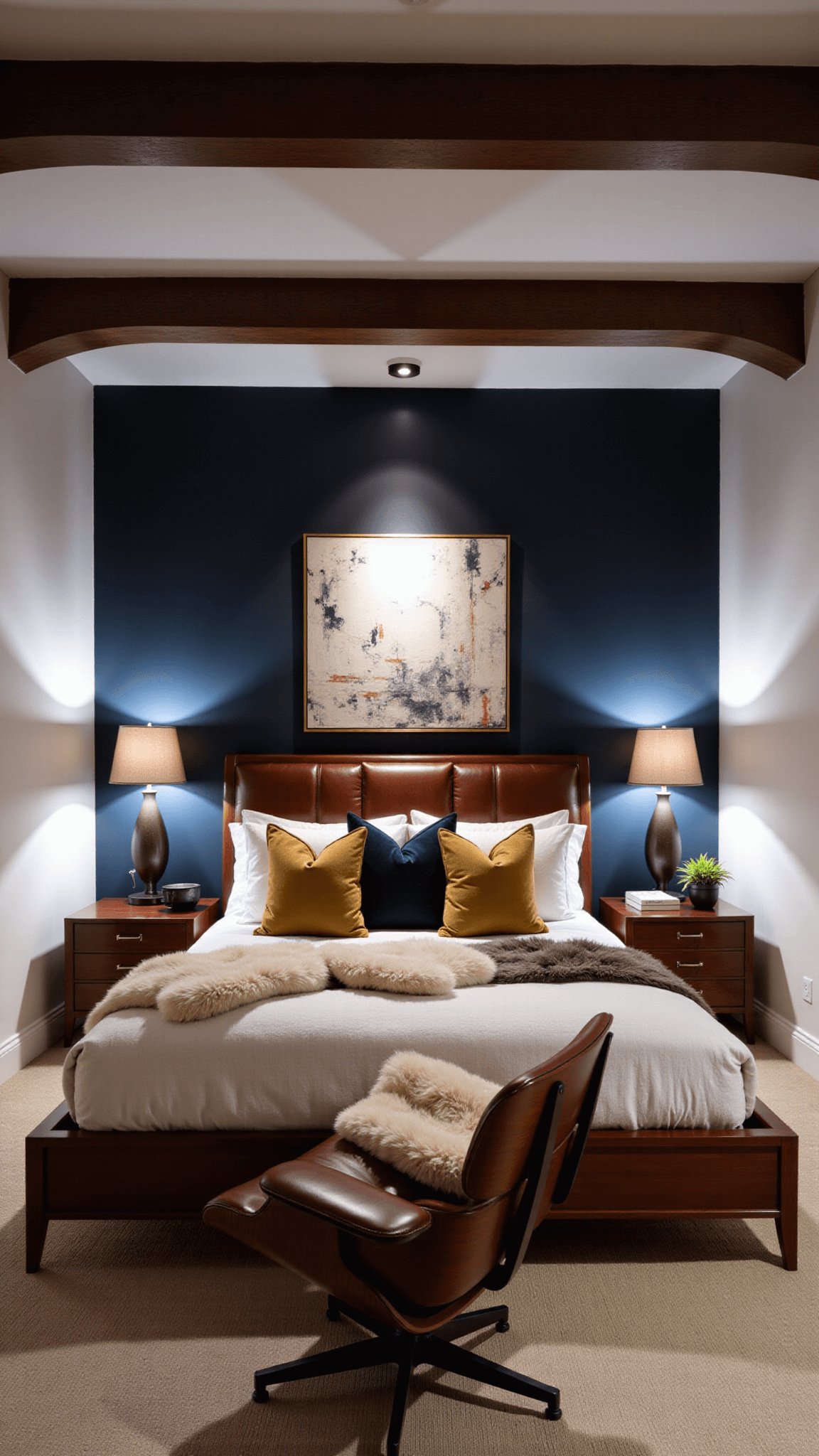 Aerial view of a sophisticated master bedroom at dusk, featuring architectural ceiling beams, a walnut bed frame with a leather headboard, cone sconces, round nightstands, navy accent wall with an abstract canvas, sheepskin throws, velvet pillows, and a vintage Eames lounge chair.
