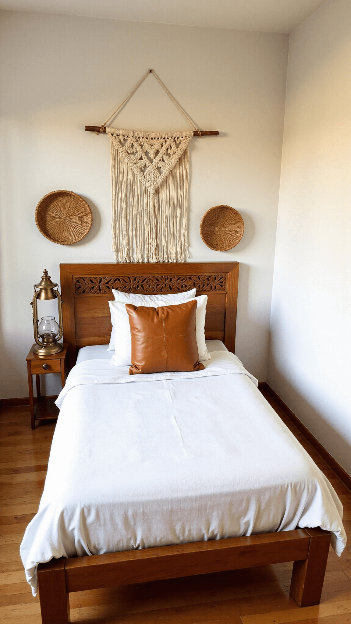 Cozy bedroom corner at sunset with southwestern-inspired wooden bed, white cotton sheets, tan leather lumbar pillow, macrame wall hanging, woven baskets, and an antique brass lantern on whitewashed walls