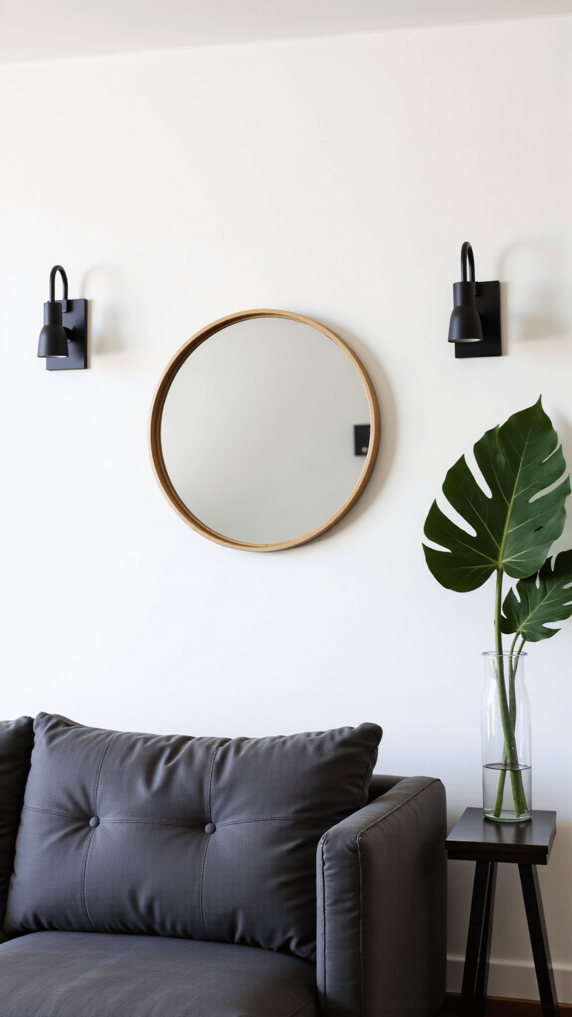A 12x15ft modern living space with a charcoal gray sectional, a 48" round mirror with a brass rim, matte black wall sconces, and a large palm leaf in a glass vase against Swiss Coffee white walls, illuminated by abundant mid-morning light.