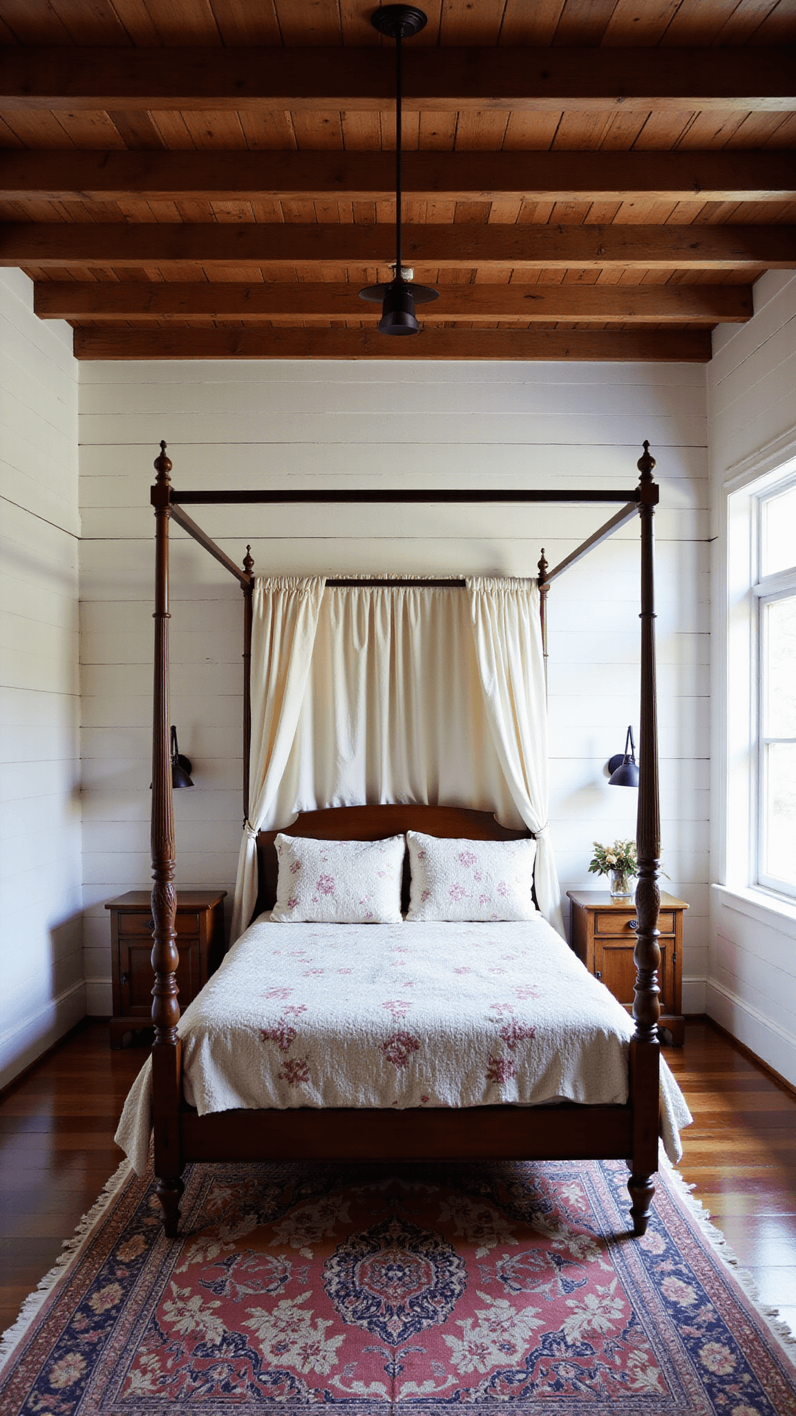 A 16x18ft cottagecore bedroom at dusk featuring warm light from vintage wall sconces, exposed wooden beams, whitewashed plank walls, a four-poster bed with a gauzy cotton canopy, mismatched antique nightstands, handmade quilts, and a faded rose Persian rug.