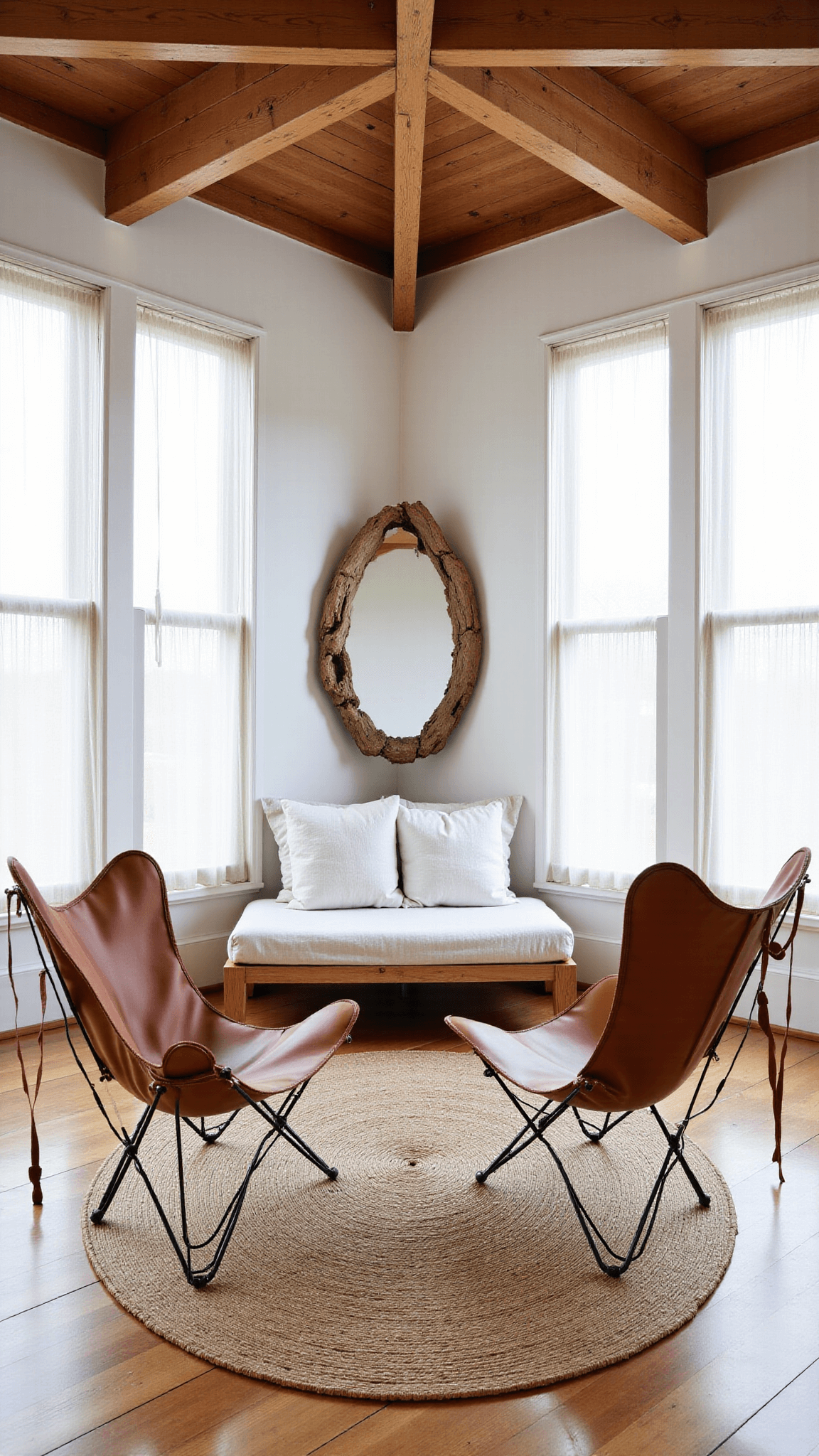 Elevated view of spacious bedroom with California king bed, leather butterfly chairs, round jute rug, driftwood mirror, and sheer-dressed windows, highlighting wooden ceiling beams against white walls.