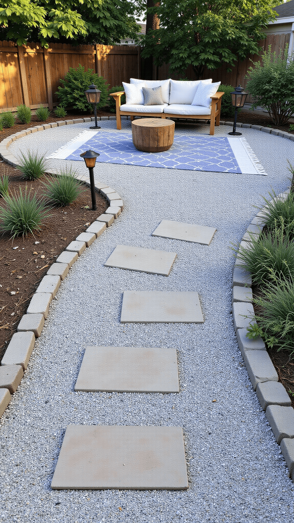 Sunlit DIY gravel patio with natural stone path, lavender border, rustic wooden seating area with a vintage rug, and copper solar lanterns at golden hour, shot from a low angle.