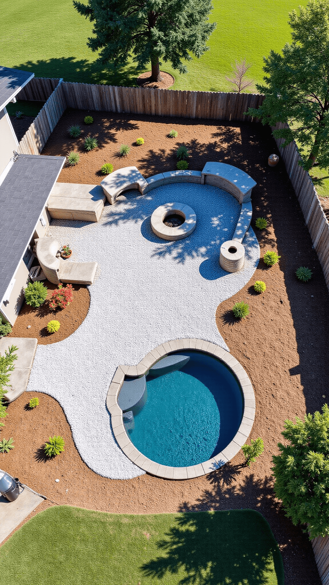 Aerial drone view of a beautifully transformed backyard at midday featuring a gravel patio, water feature, decorated fence, solar lighting, and cozy fire pit area.