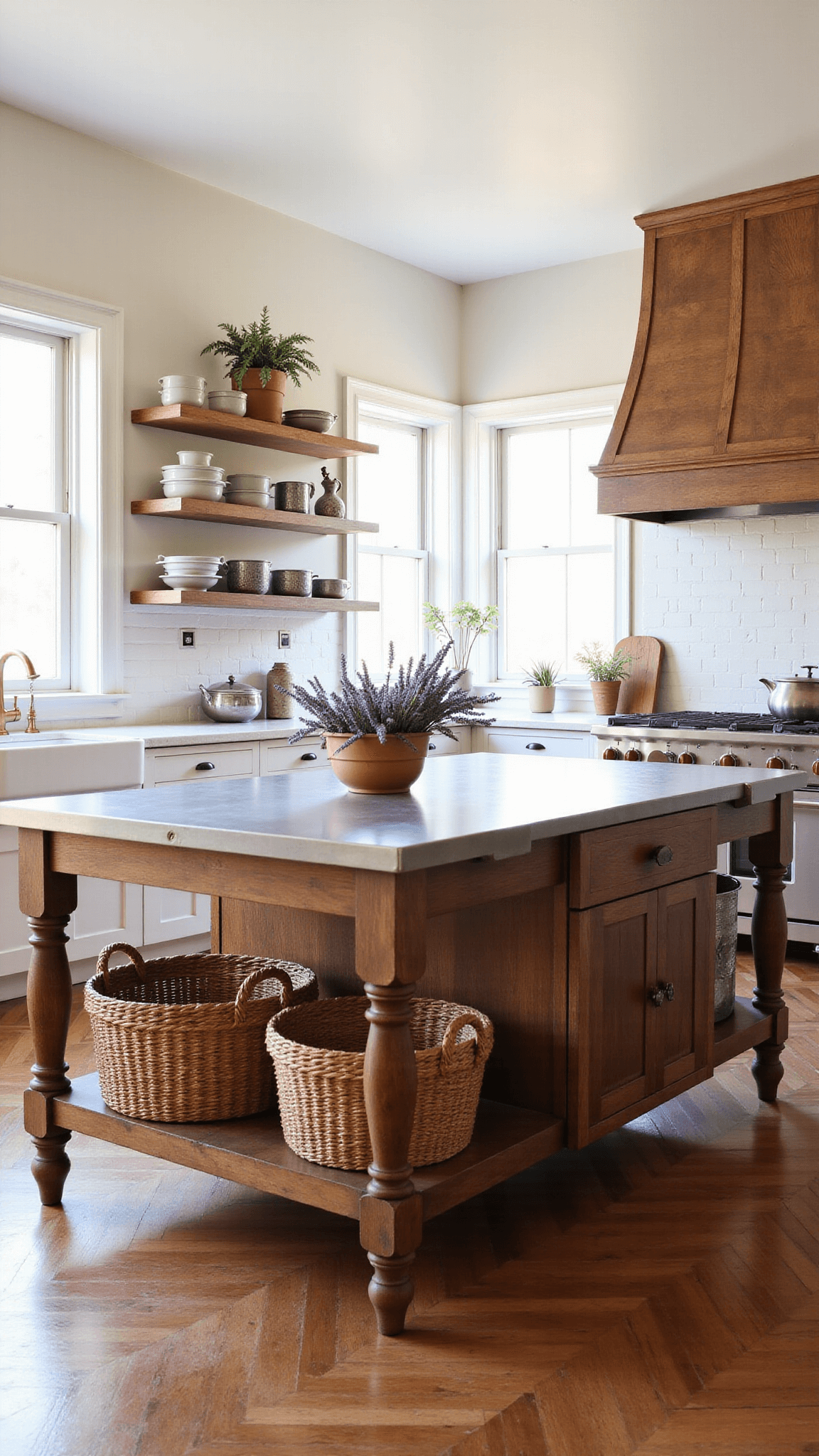 Sunlit 16x18ft kitchen with double-height windows, reclaimed timber shelves, herringbone tile floor, massive zinc-topped island, French market baskets, and vintage enamelware in warm whites, aged zinc, and natural timber colors with lavender grey accents.