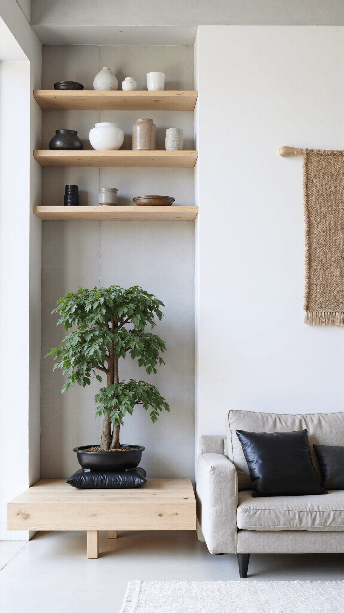 Japandi-style living room with morning light streaming through floor-to-ceiling windows, a low platform sofa, black leather floor cushions, a bonsai on pine shelving, and a hemp textile art piece on a concrete wall.