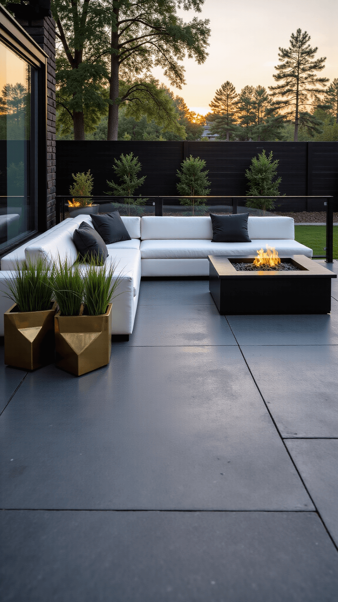Modern outdoor patio at golden hour featuring a minimalist lounge area with a white L-shaped sofa, geometric brass planters, a black metal fire pit, and sleek concrete flooring lit by LED ground lights
