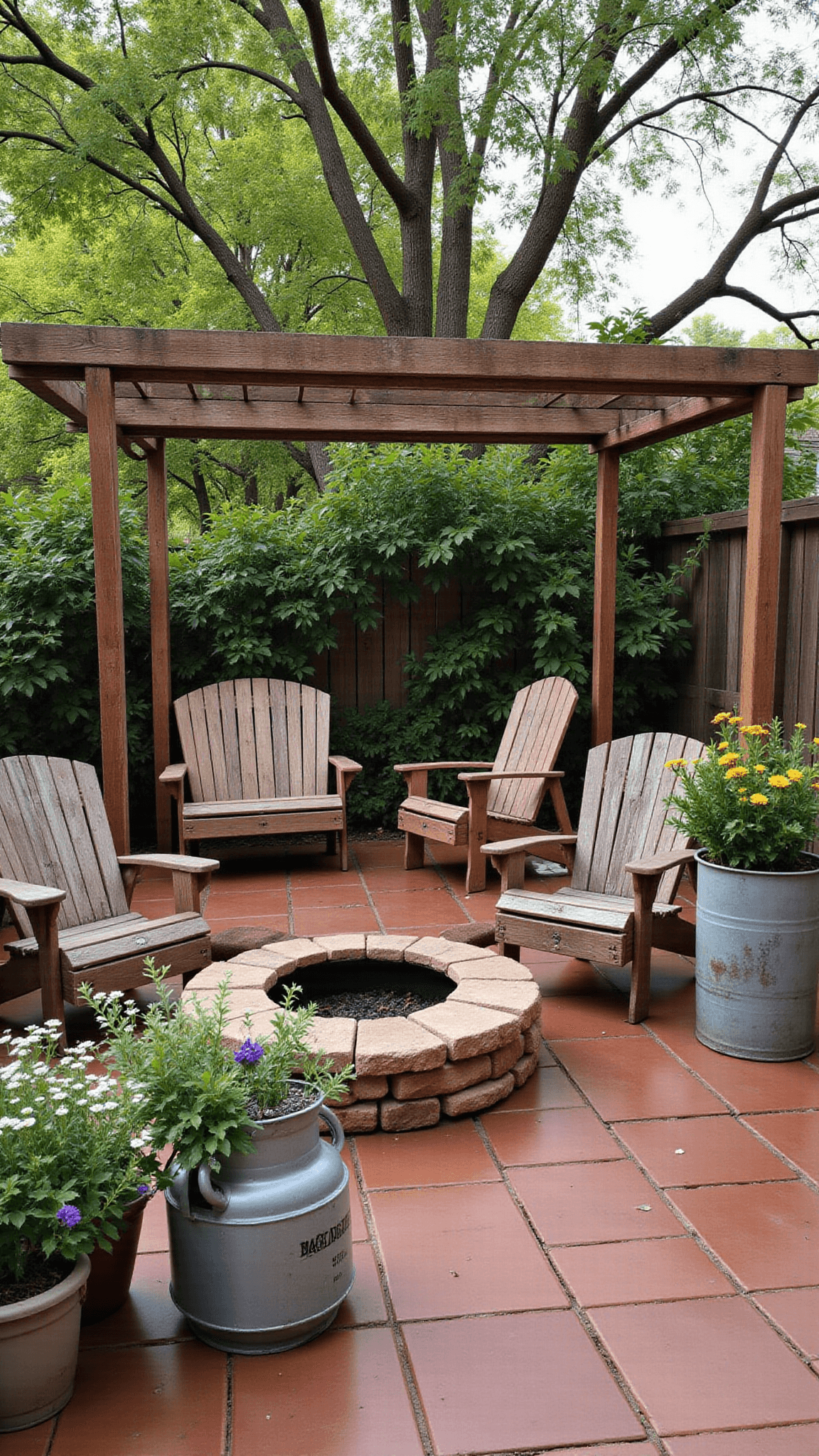 Rustic backyard garden nook with weathered teak furniture, stone fire pit, vintage metal planters filled with wildflowers, and barn wood pergola over terracotta tiles in afternoon light