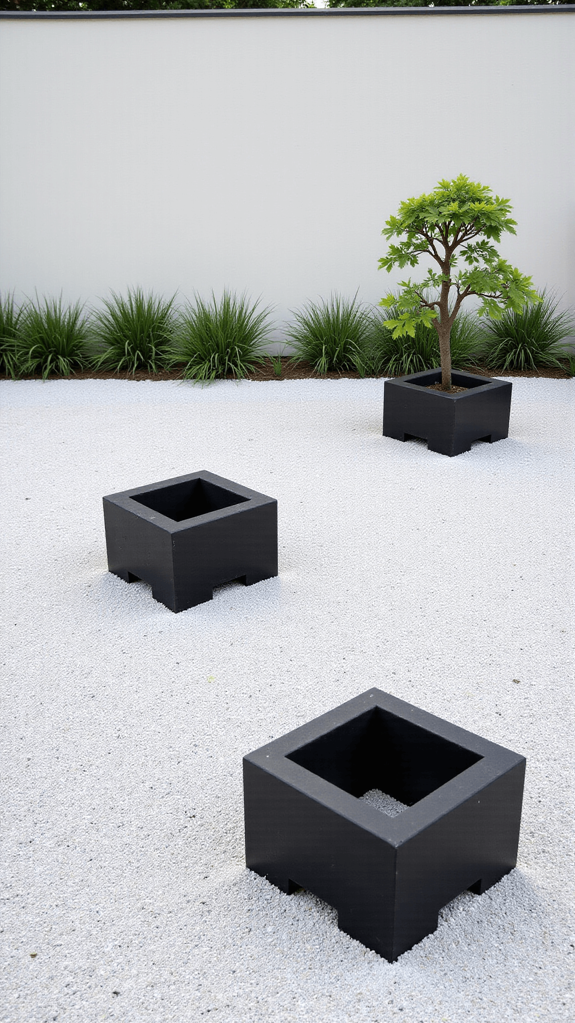 High-angle view of minimalist zen garden with three black concrete planters, a Japanese maple tree, and white gravel against a plain white wall shot at midday.