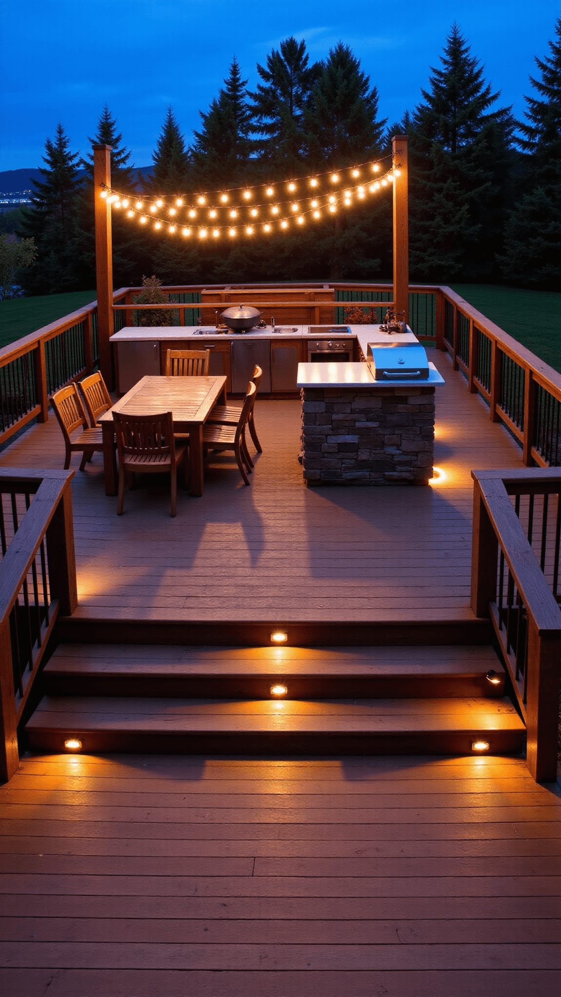 Multi-level deck with teak dining set under string lights and outdoor kitchen, captured during blue hour from an elevated position, balanced ambient and artificial lighting.