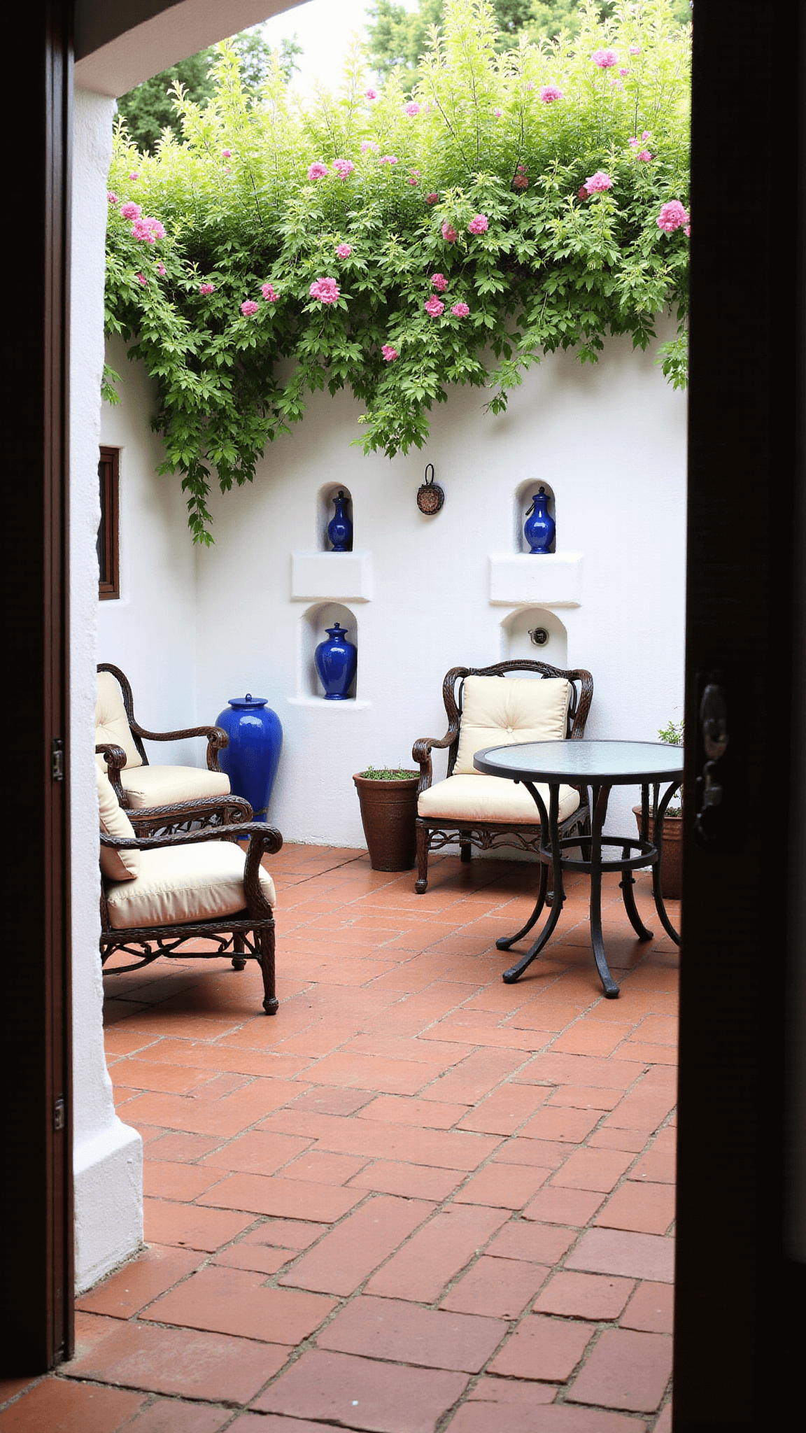 Mediterranean-style courtyard under bright midday sun, with terracotta tiles, blue ceramic fountains, and wrought iron furniture draped with cream cushions. View framed by doorway.