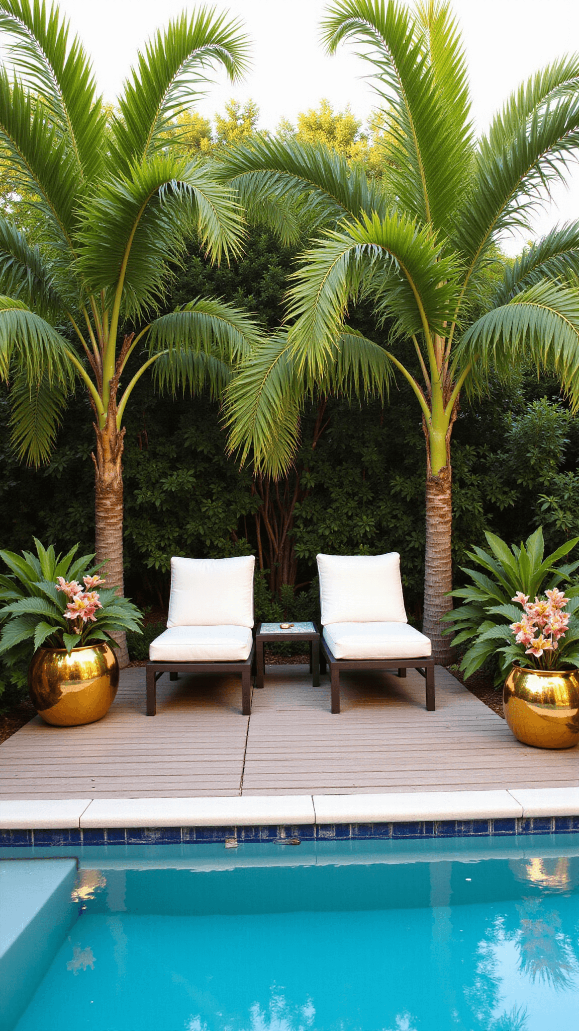 Tropical poolside paradise with modern loungers, lush palm fronds, teak decking, infinity pool, and exotic birds of paradise and orchid gardens during morning golden hour