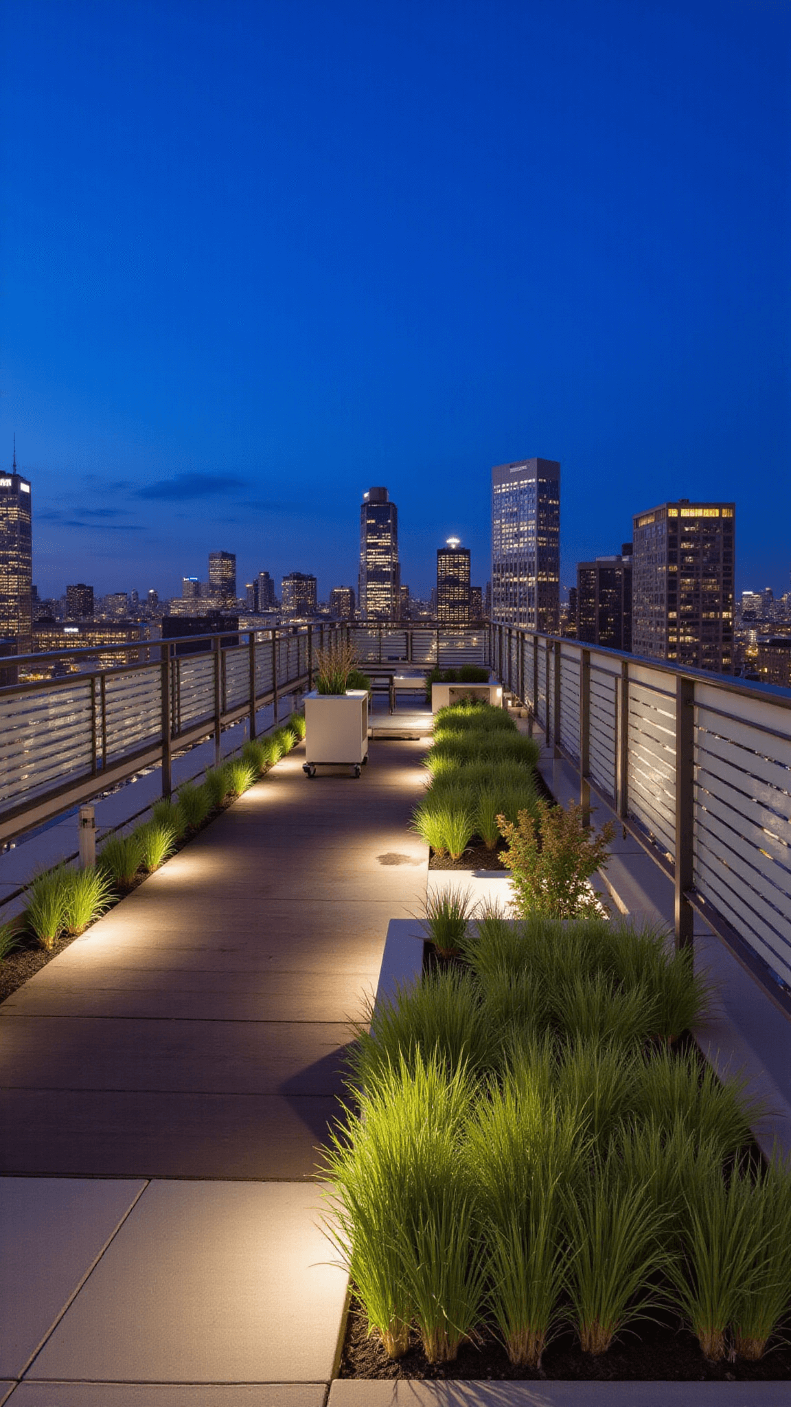 Contemporary urban rooftop garden at dusk, featuring composite decking, built-in planters with architectural grasses, LED-lit seating area, modern metal privacy screens, and city lights background captured with wide-angle lens.