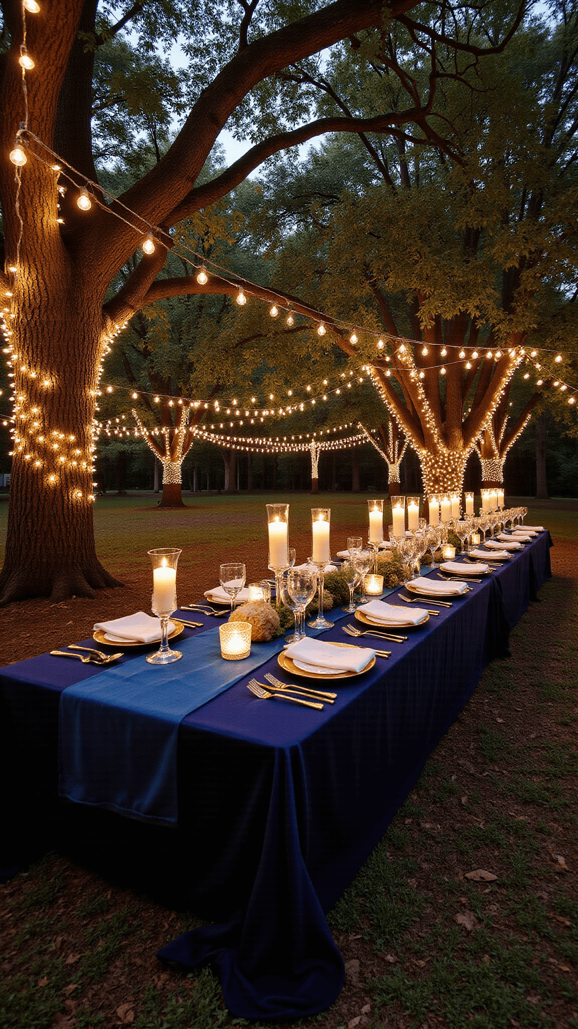 Twilight enchanted forest dinner setting with oak trees adorned in LED lights, long tables with midnight blue velvet runners and gold accessories, and woodland elements like moss-covered logs and mirrors.