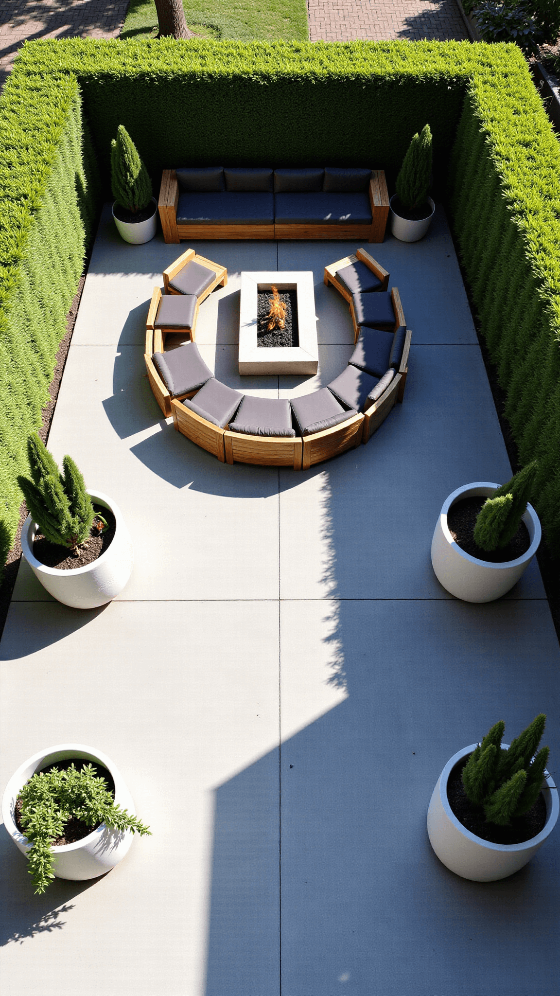 Overhead view of a modern minimal garden lounge at 3pm, highlighting the geometric layout, strong shadow patterns from the sun, clean-lined teak furniture with charcoal cushions around a fire pit, structured boxwood hedges, and large-scale white ceramic planters with architectural succulents in a 30x20ft space.